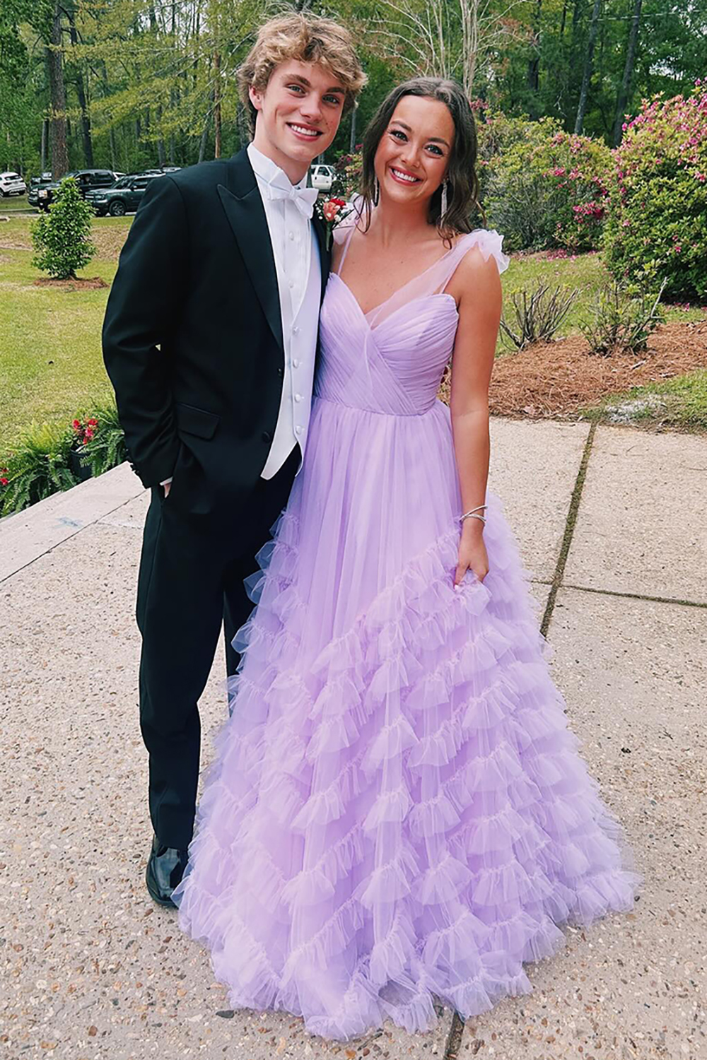 Lilac Spaghetti Straps A-Line Tulle Tiered Long Prom Dress