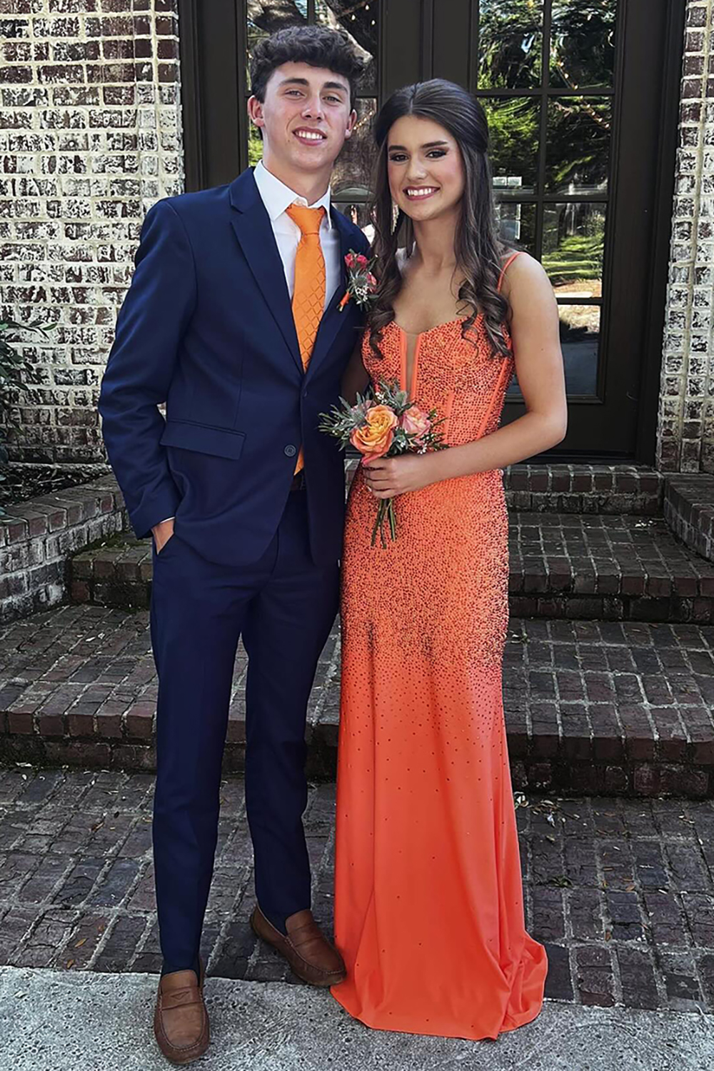 Glitter Orange Spaghetti Straps Mermaid Beaded Long Corset Prom Dress