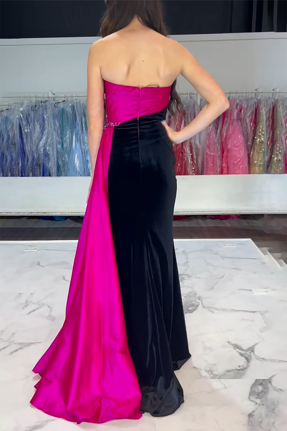 Black Fuchsia Strapless Mermaid Velvet Long Prom Dress with Slit