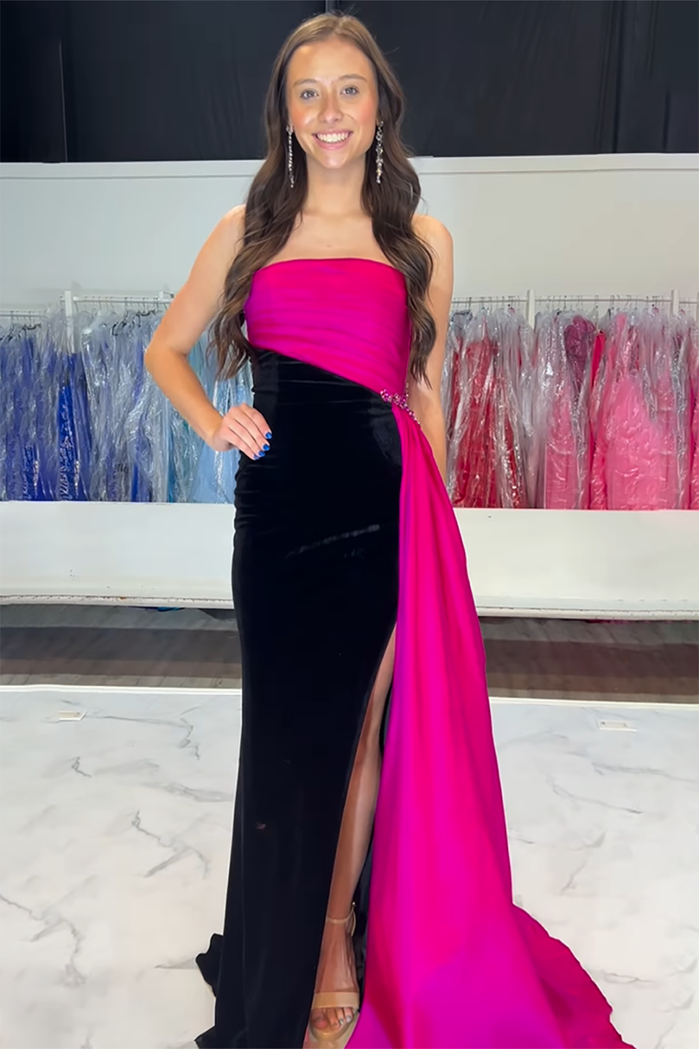 Black Fuchsia Strapless Mermaid Velvet Long Prom Dress with Slit