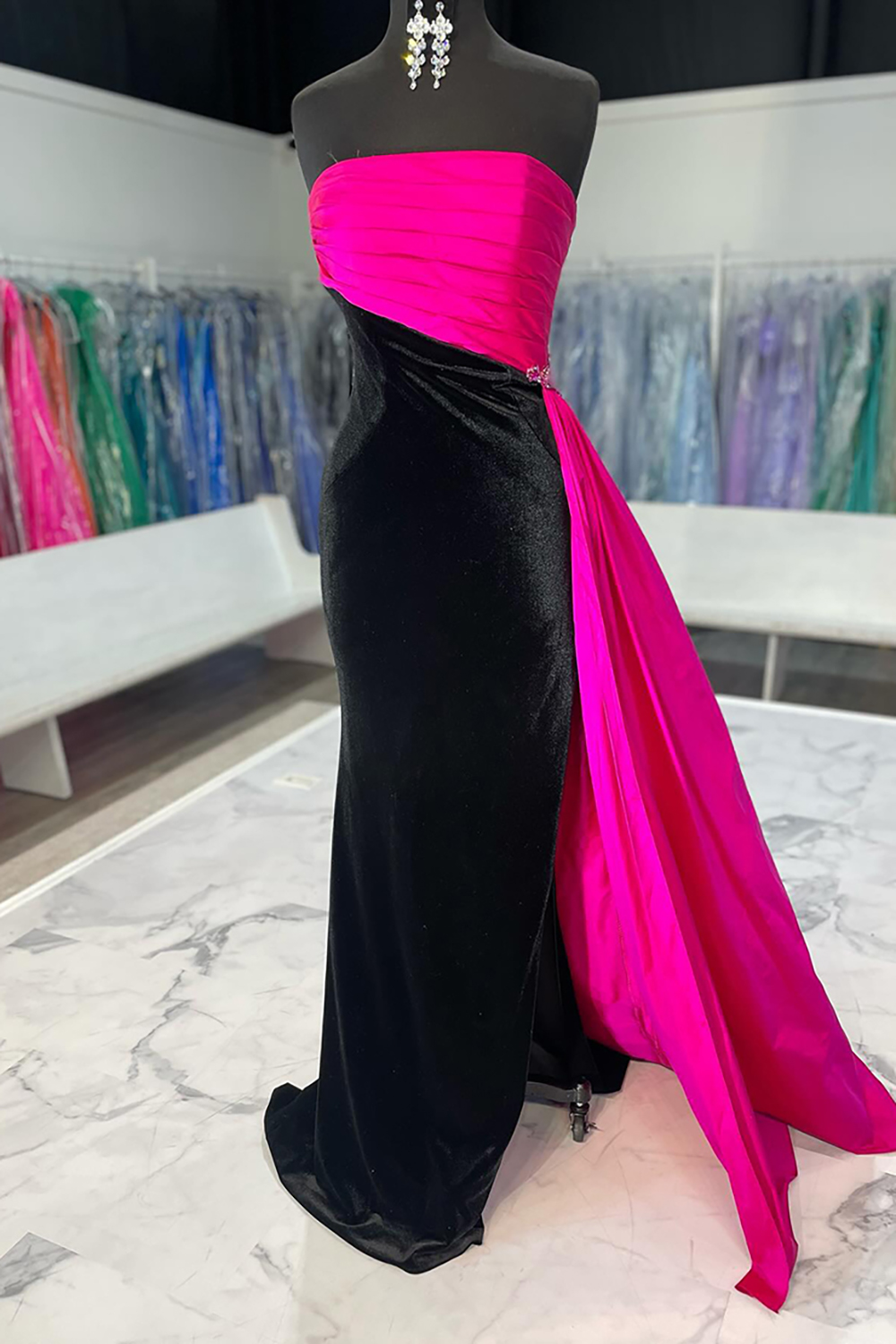 Black Fuchsia Strapless Mermaid Velvet Long Prom Dress with Slit