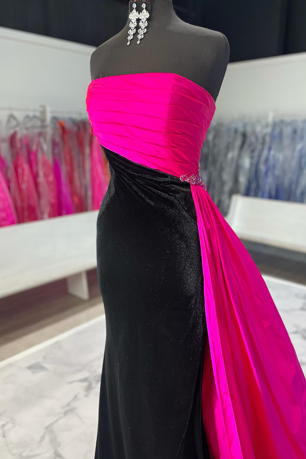 Black Fuchsia Strapless Mermaid Velvet Long Prom Dress with Slit