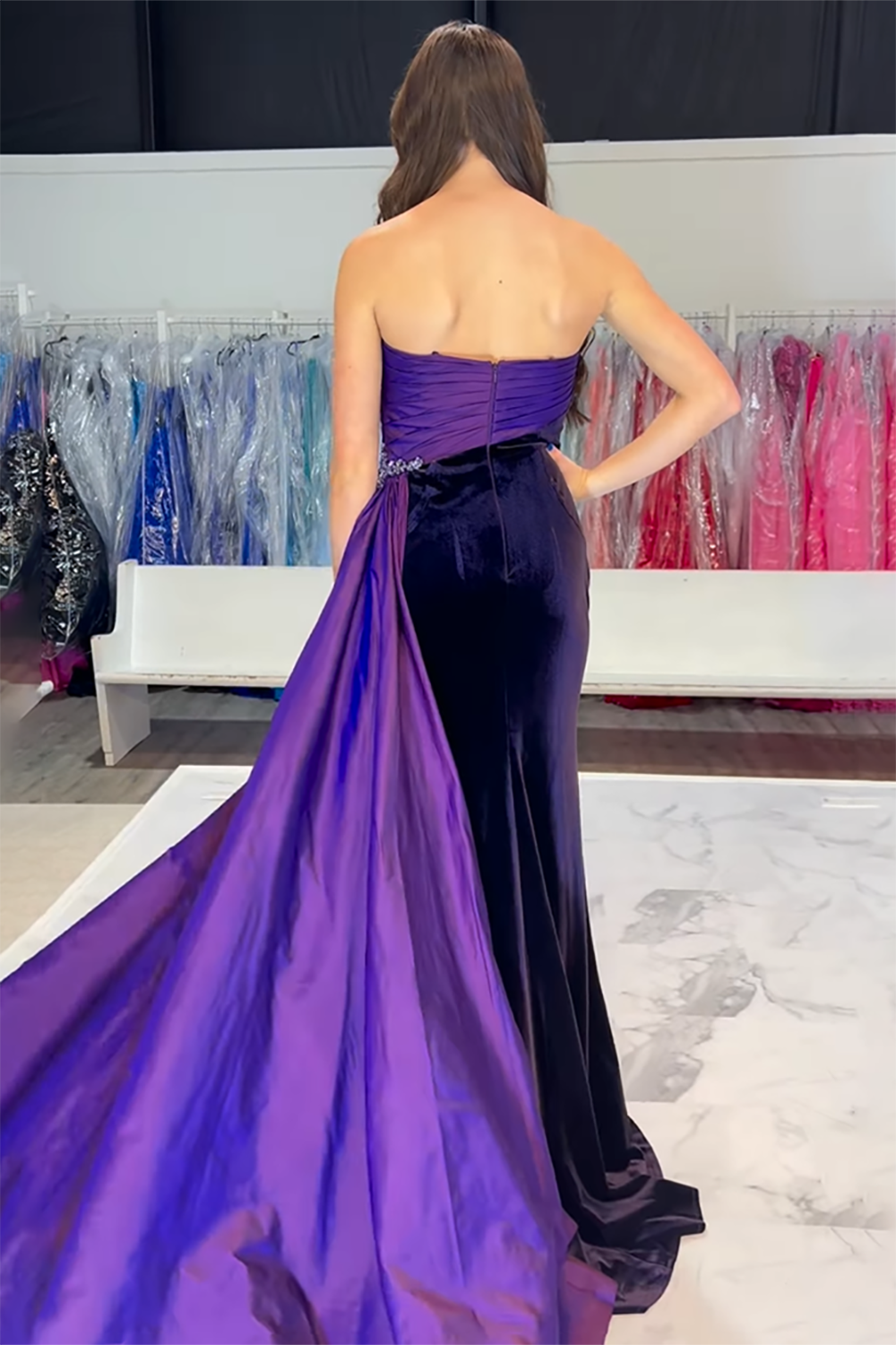 Black Fuchsia Strapless Mermaid Velvet Long Prom Dress with Slit
