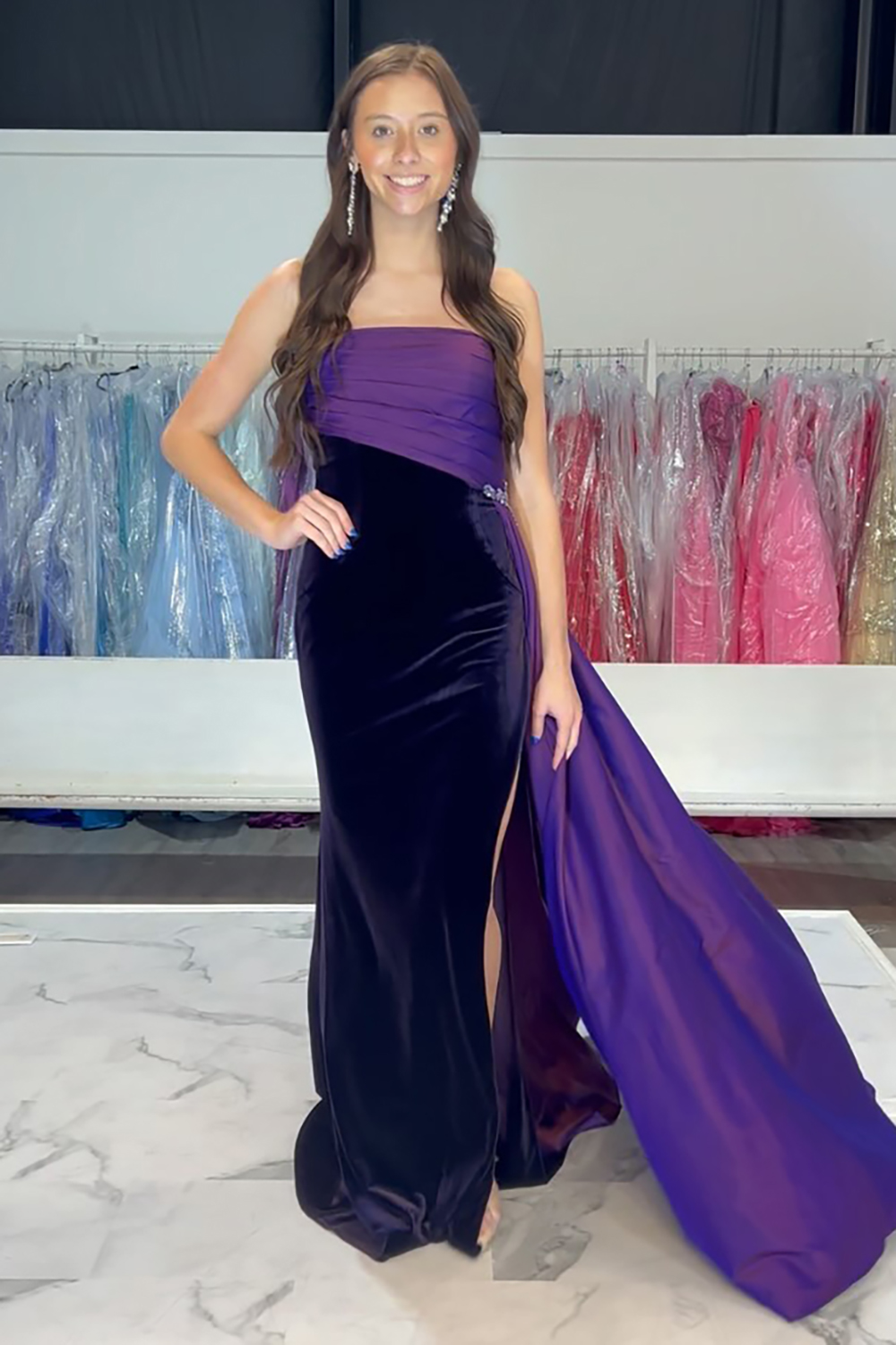 Black Fuchsia Strapless Mermaid Velvet Long Prom Dress with Slit