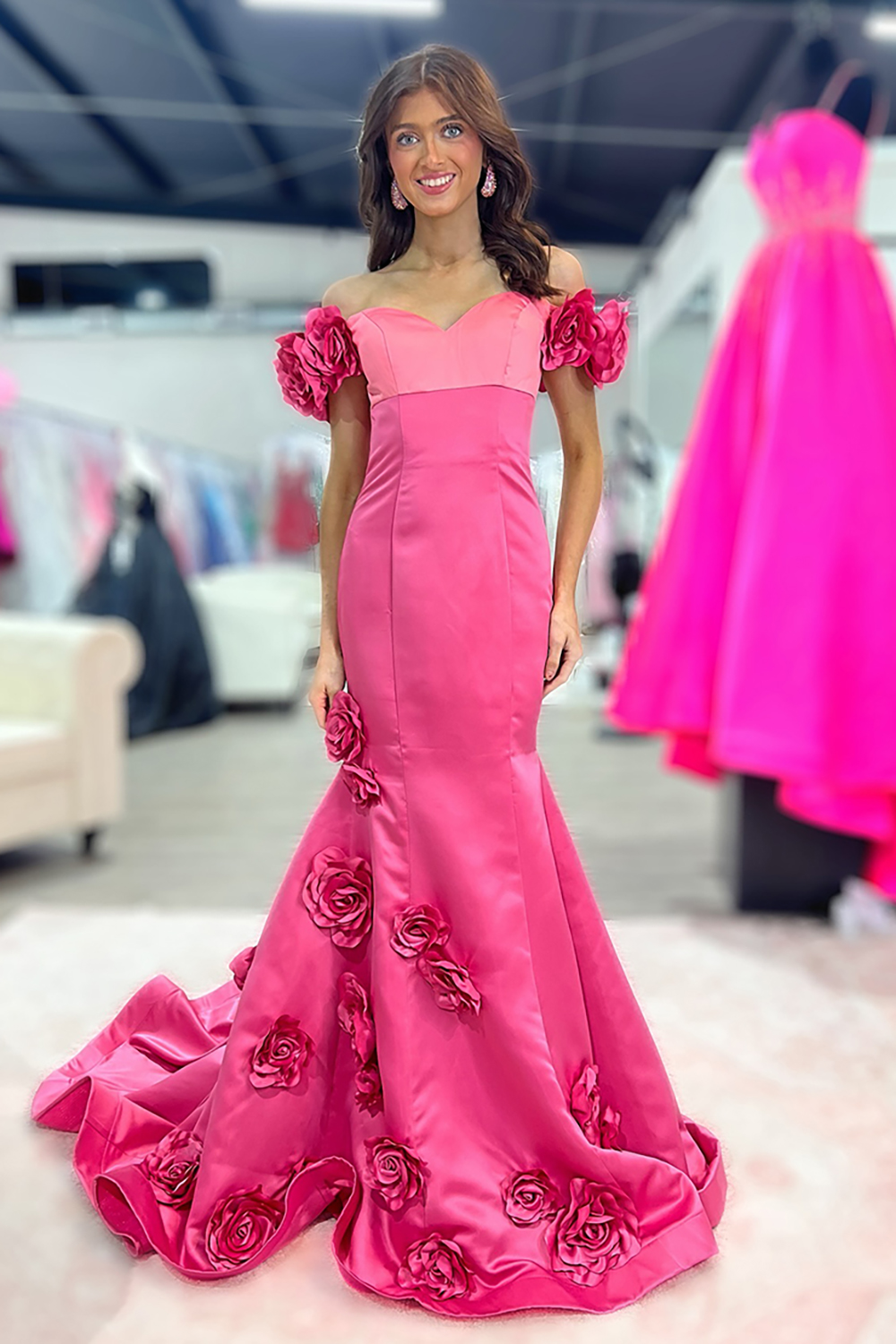 Fuchsia Off the Shoulder Satin Mermaid Long Prom Dress with Flowers