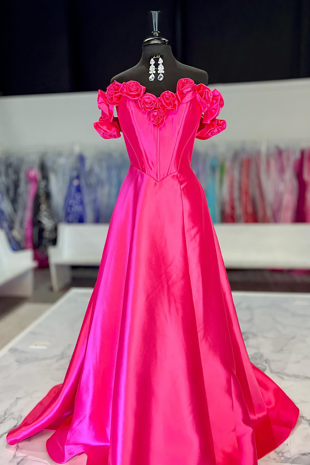 Fuchsia A-Line Off the Shoulder Satin Long Prom Dress with Flowers
