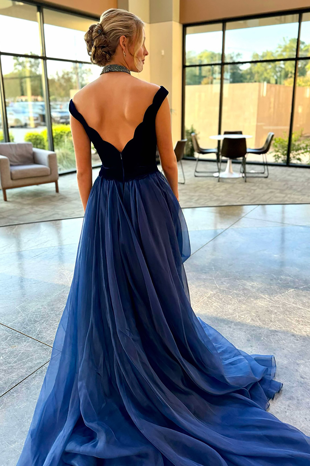 Navy Off the Shoulder Sheath Velvet Long Prom Dress with Waist Cape