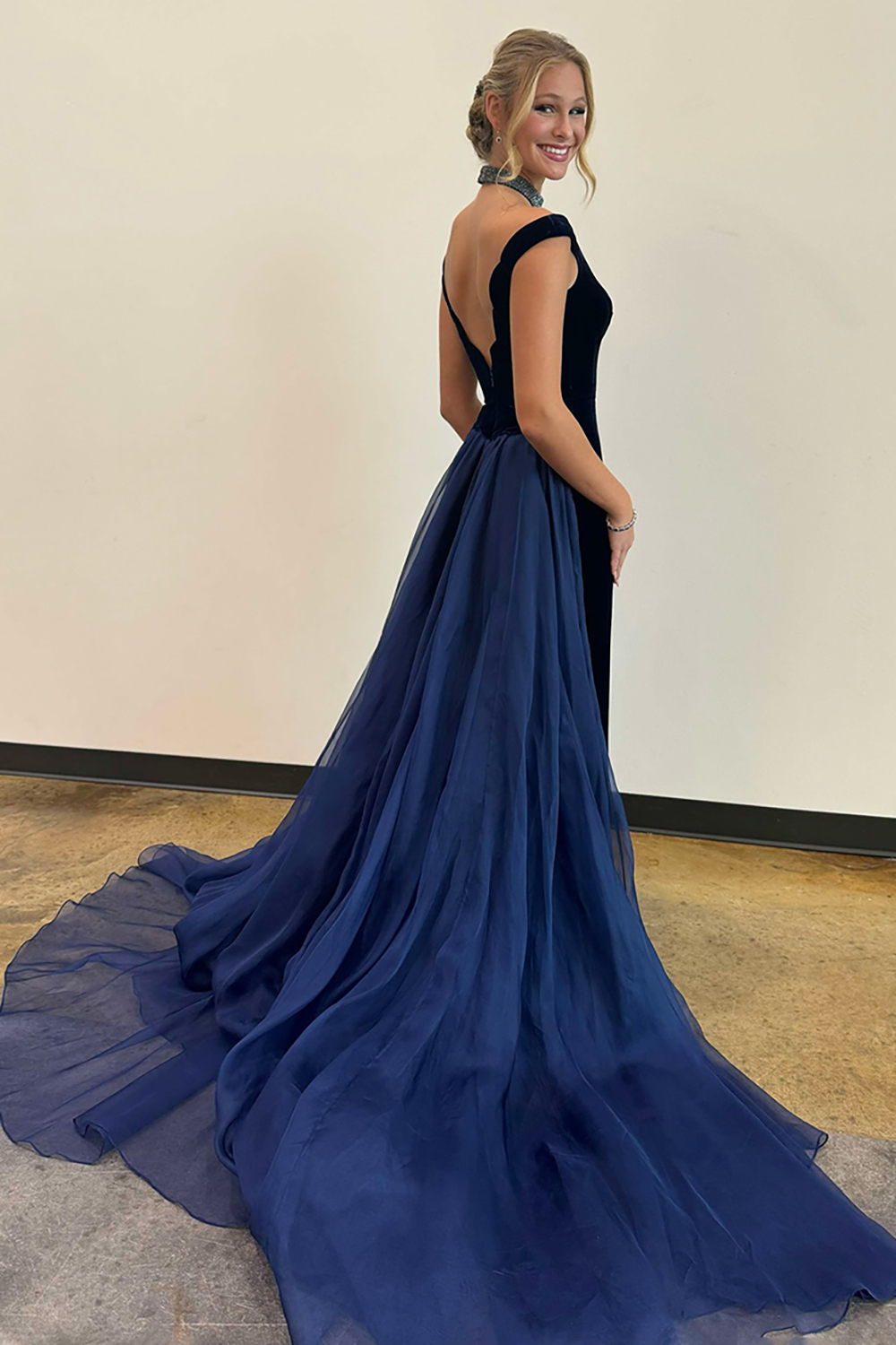 Navy Off the Shoulder Sheath Velvet Long Prom Dress with Waist Cape