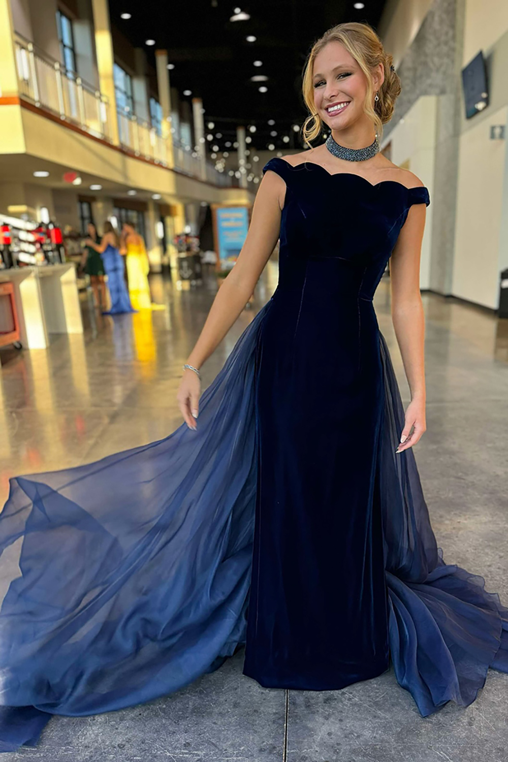 Navy Off the Shoulder Sheath Velvet Long Prom Dress with Waist Cape