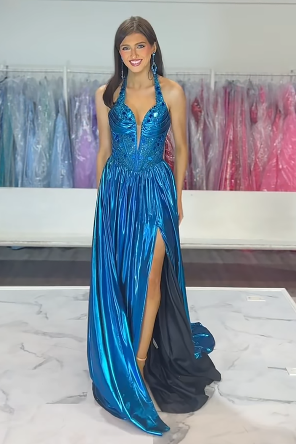 Royal Blue Halter Neck A-Line Metallic Long Corset Prom Dress with Sequins