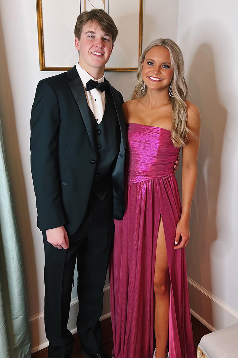 Sparkly Fuchsia Strapless A-Line Metallic Long Prom Dress with Slit