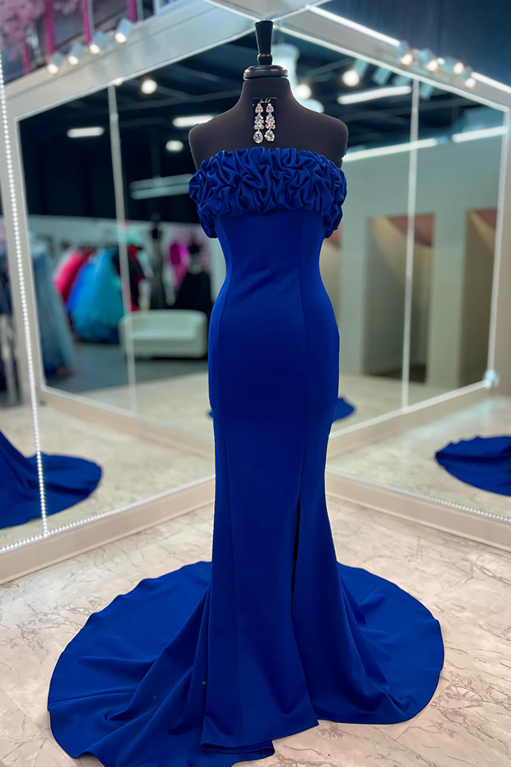 Royal Blue Strapless Mermaid Satin Long Prom Dress with Ruffles
