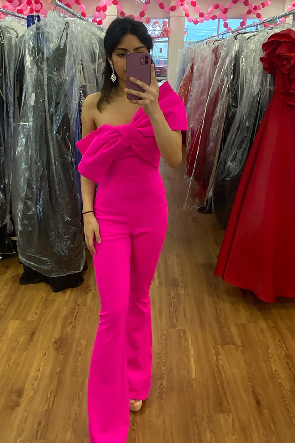 Chic Yellow One Shoulder Satin Long Prom Jumpsuits with Bow