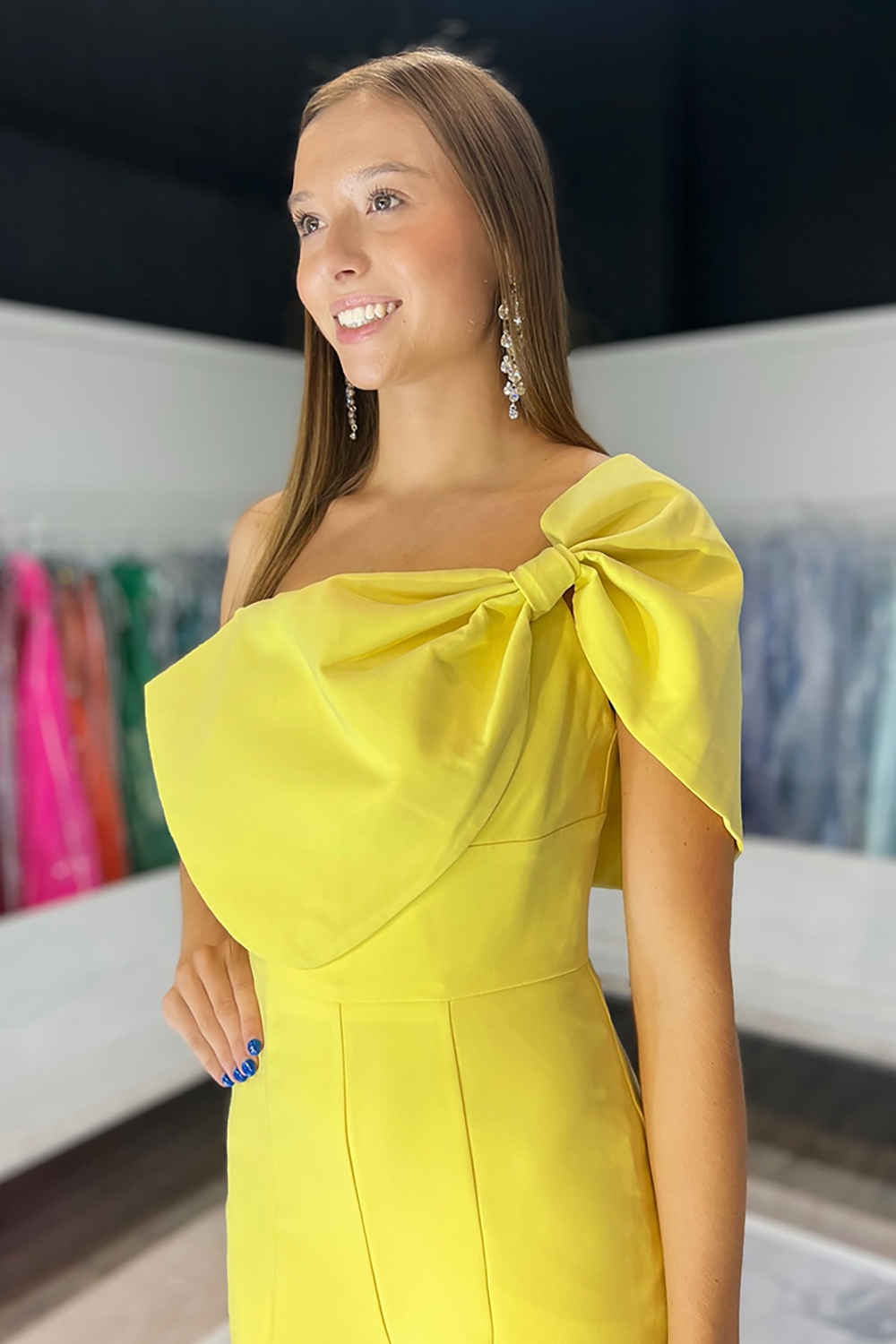 Chic Yellow One Shoulder Satin Long Prom Jumpsuits with Bow