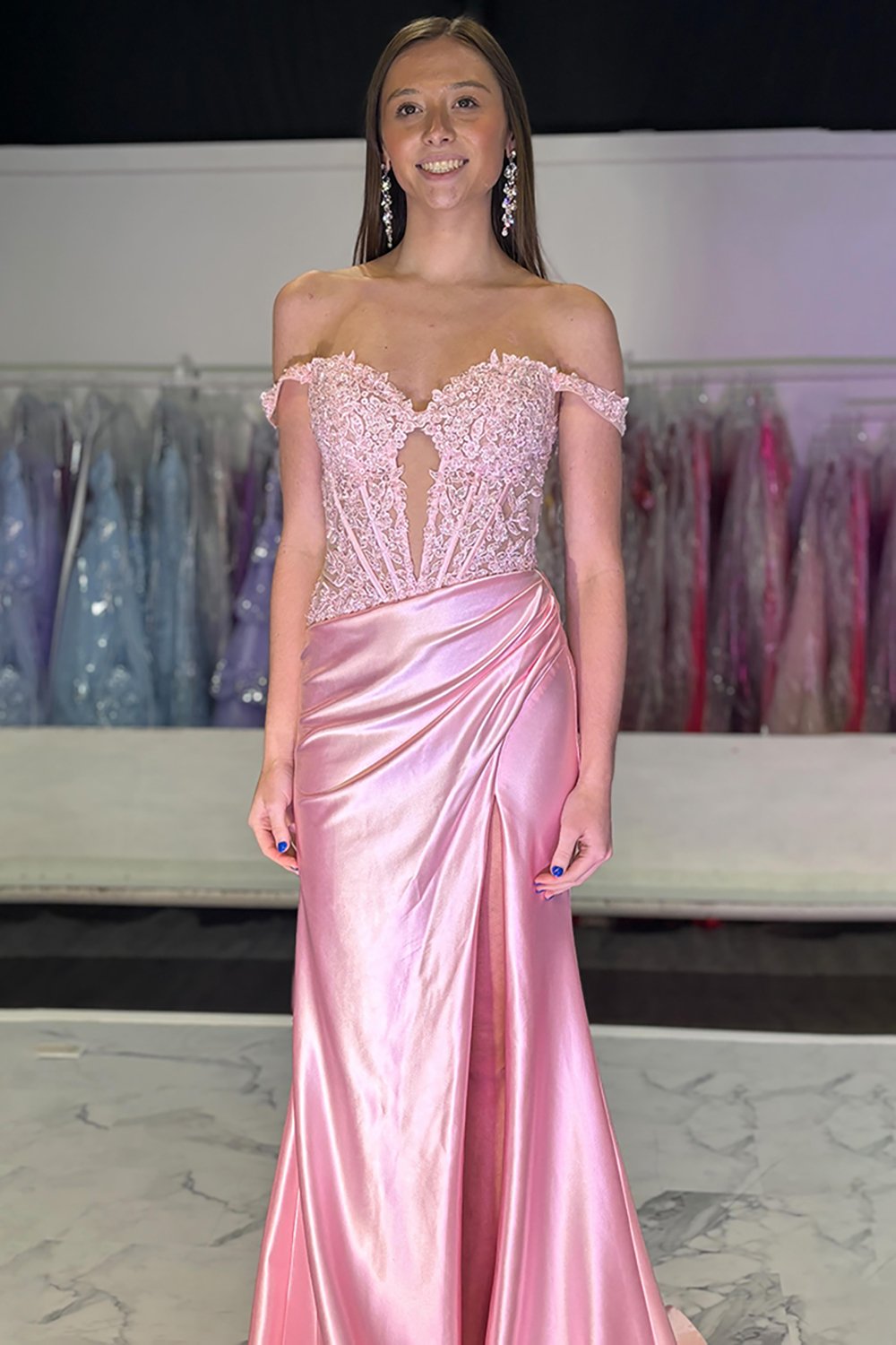 Blush Off the Shoulder Mermaid Satin Long Corset Prom Dress with Appliques