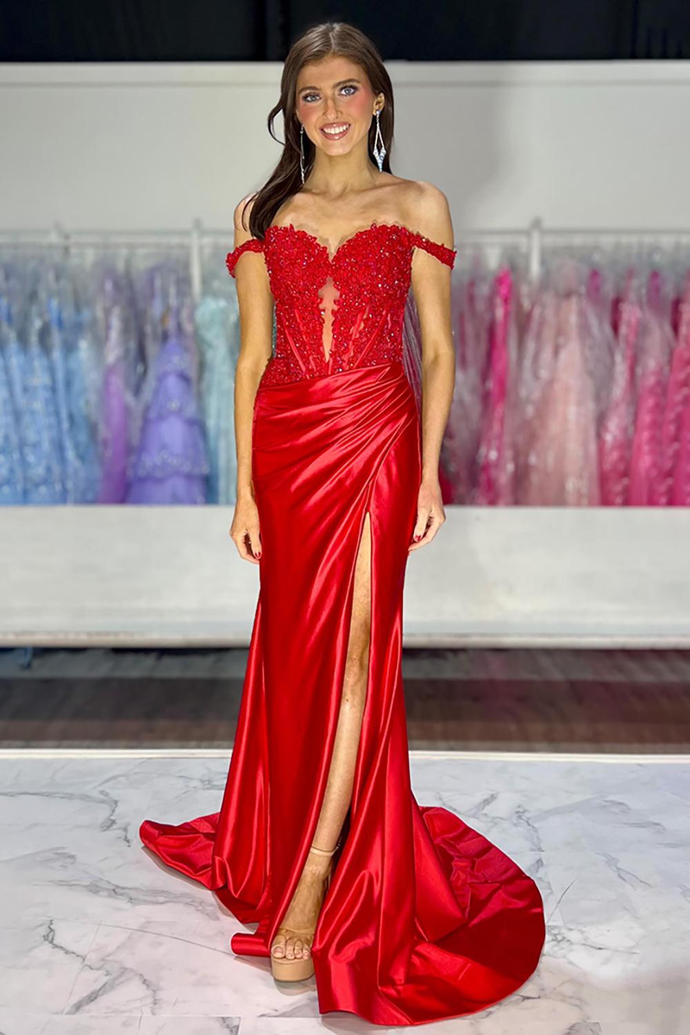 Royal Blue Off the Shoulder Mermaid Satin Long Corset Prom Dress with Appliques