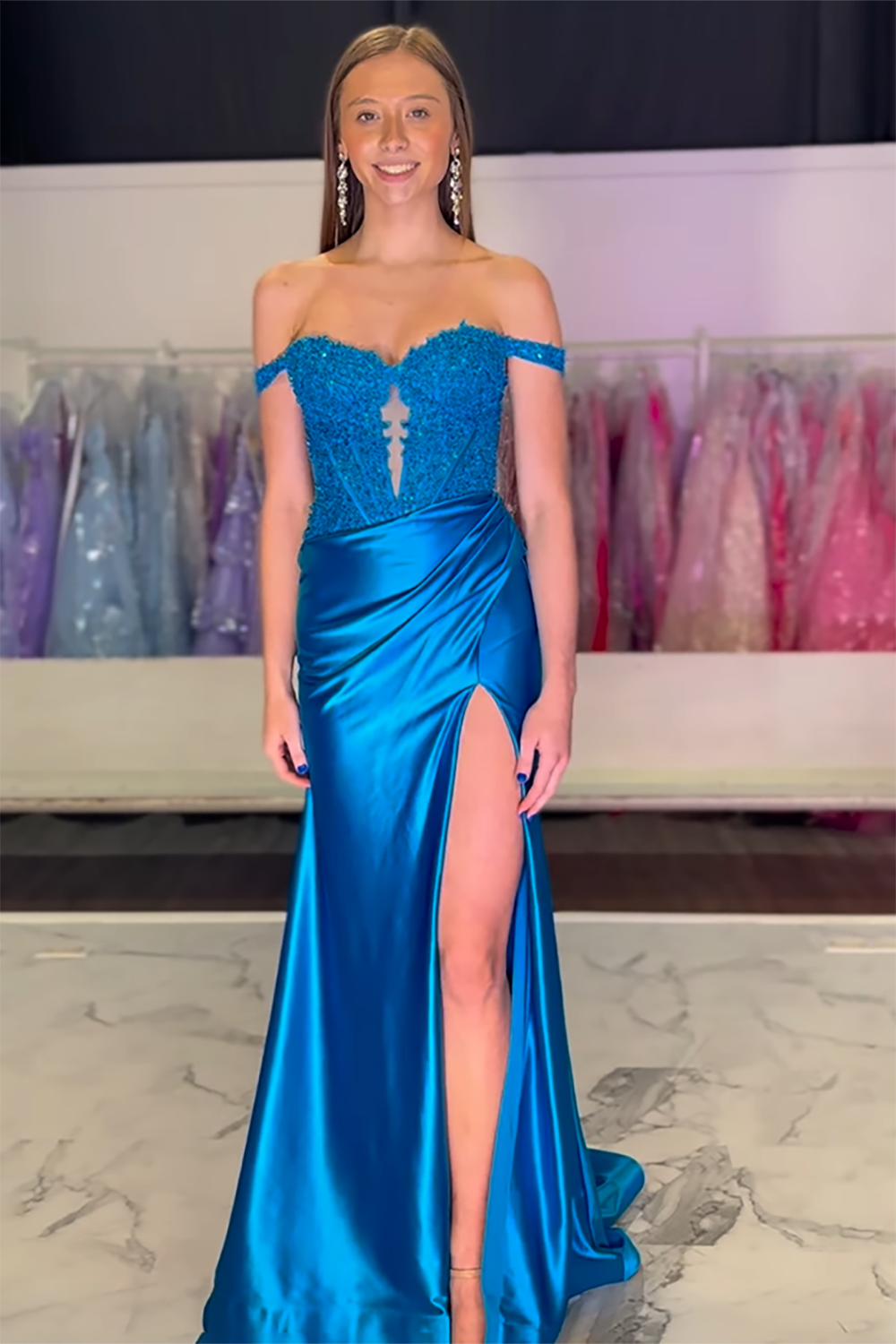 Royal Blue Off the Shoulder Mermaid Satin Long Corset Prom Dress with Appliques