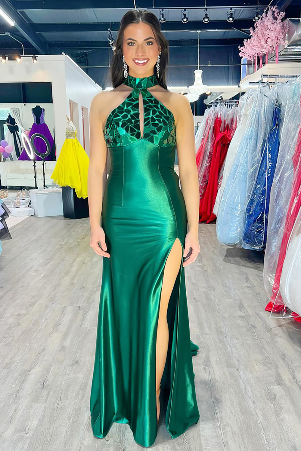 Emerald Green Halter Neck Mirror Mermaid Satin Long Prom Dress