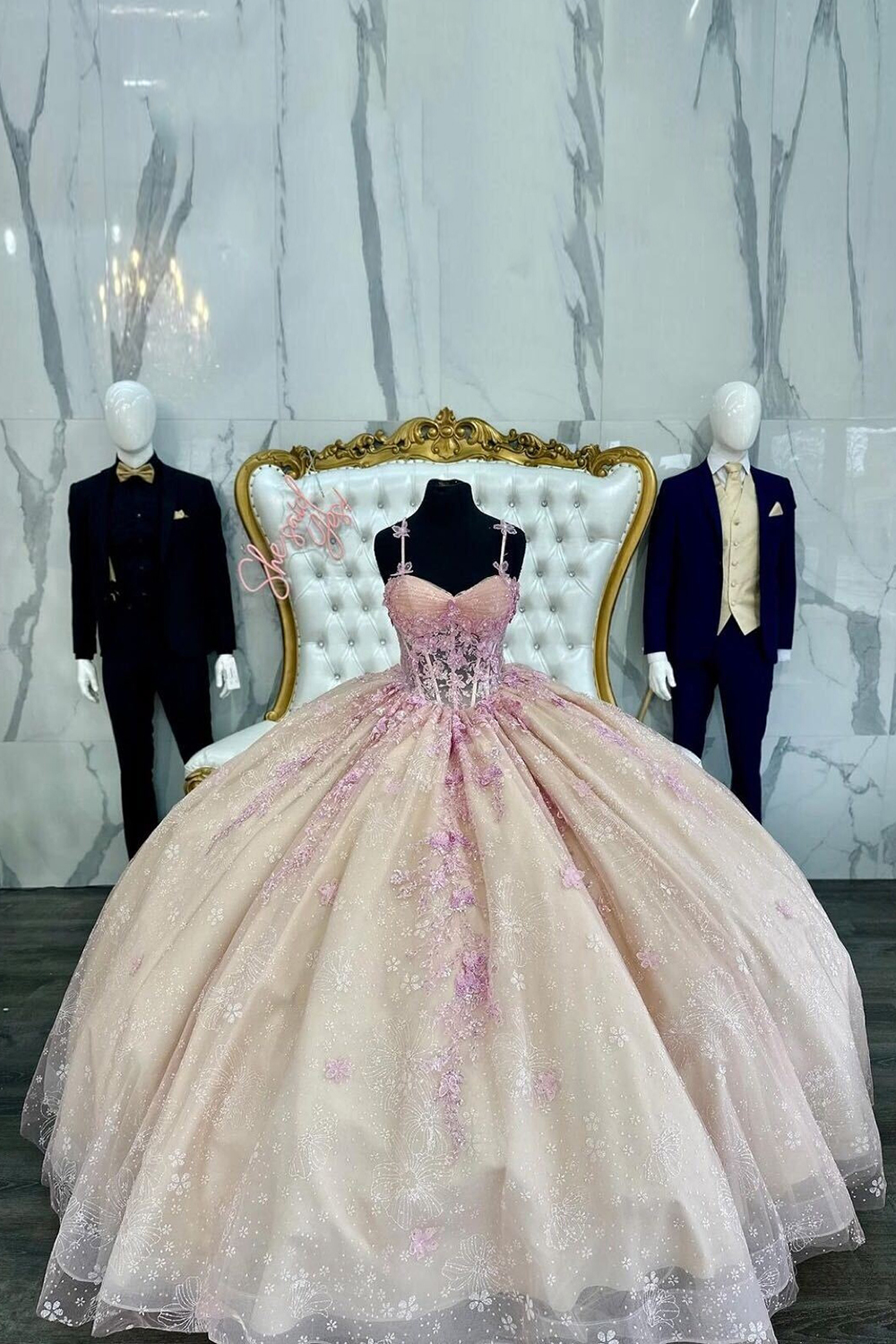 Blush Champange Spaghetti Straps Appliqued Quinceanera Dress with Sequin