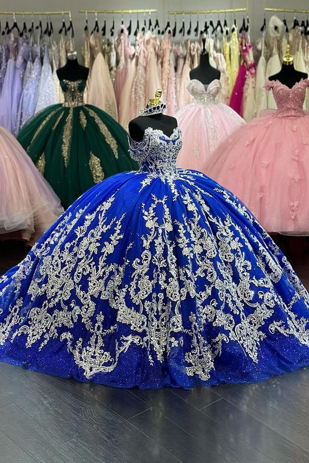 Sparkly Royal Blue Off the Shoulder Ball Gown Quinceanera Dress with Appliques
