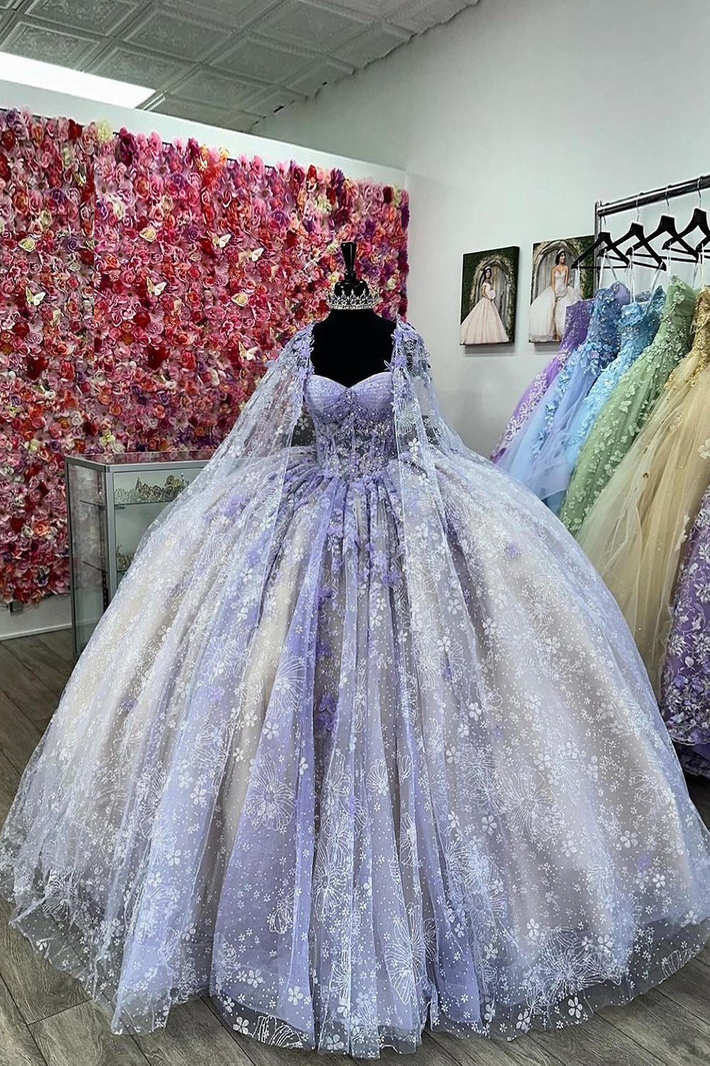 Lilac Apricot Off the Shoulder Caped Princess Appliqued Quinceanera Dress