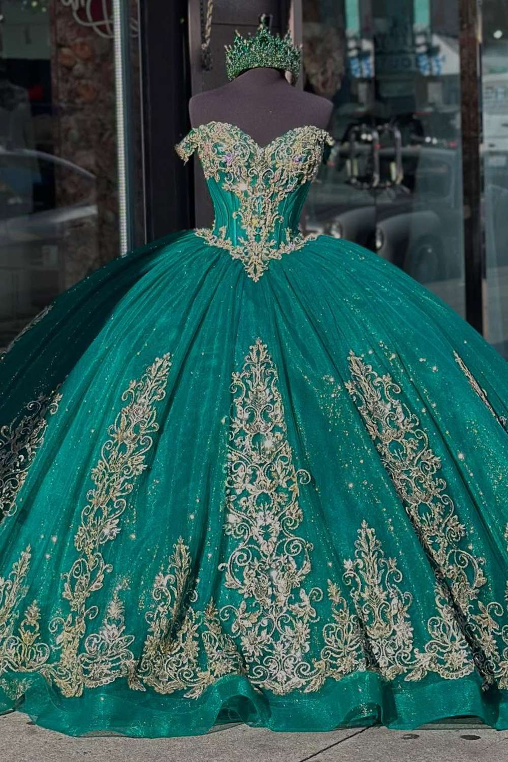 Sparkly Dark Green Off the Shoulder Applique Princess Tulle Quinceanera Dress