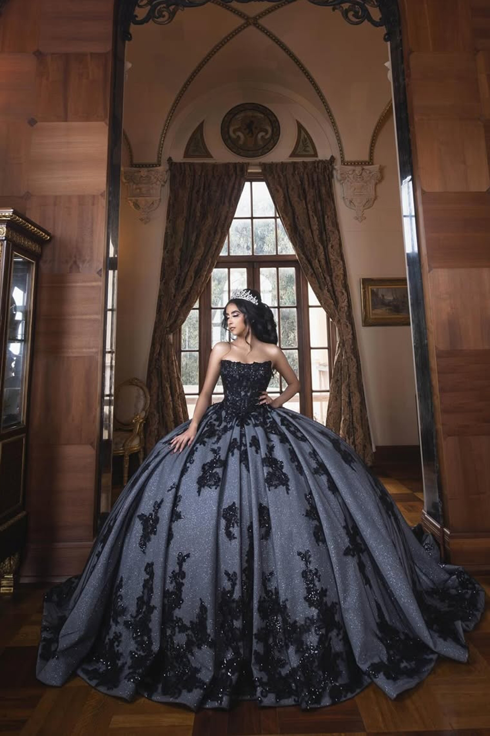 Sparkly Black Strapless Applique Ball Gown Tulle Quinceanera Dress