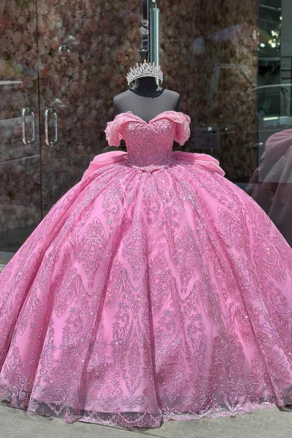 Sparkly Hot Pink Off the Shoulder Applique Ball Gown Tulle Quinceanera Dress with Bow
