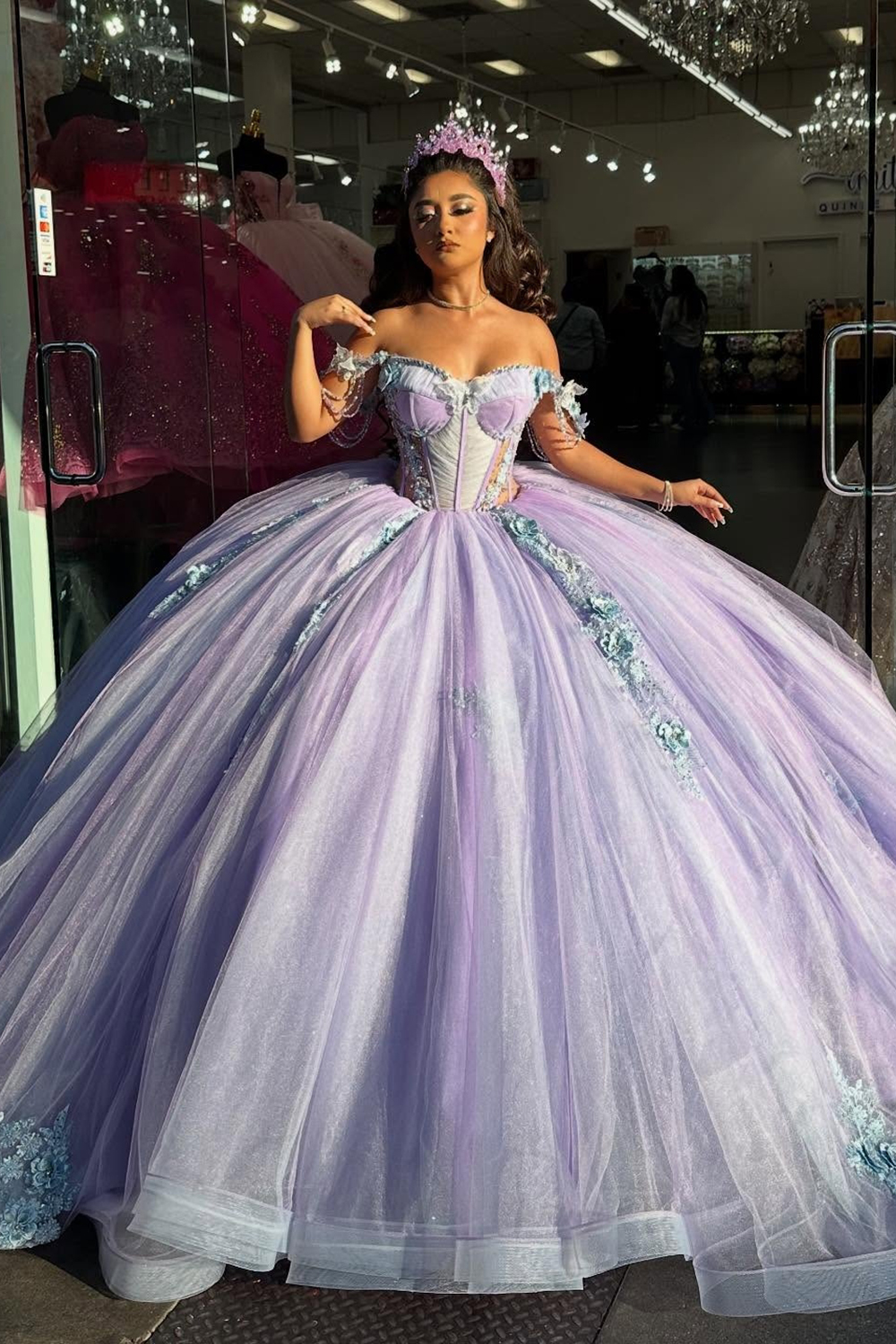 Lilac Off the Shoulder Beaded Applique Ball Gown Tulle Quinceanera Dress Sequins