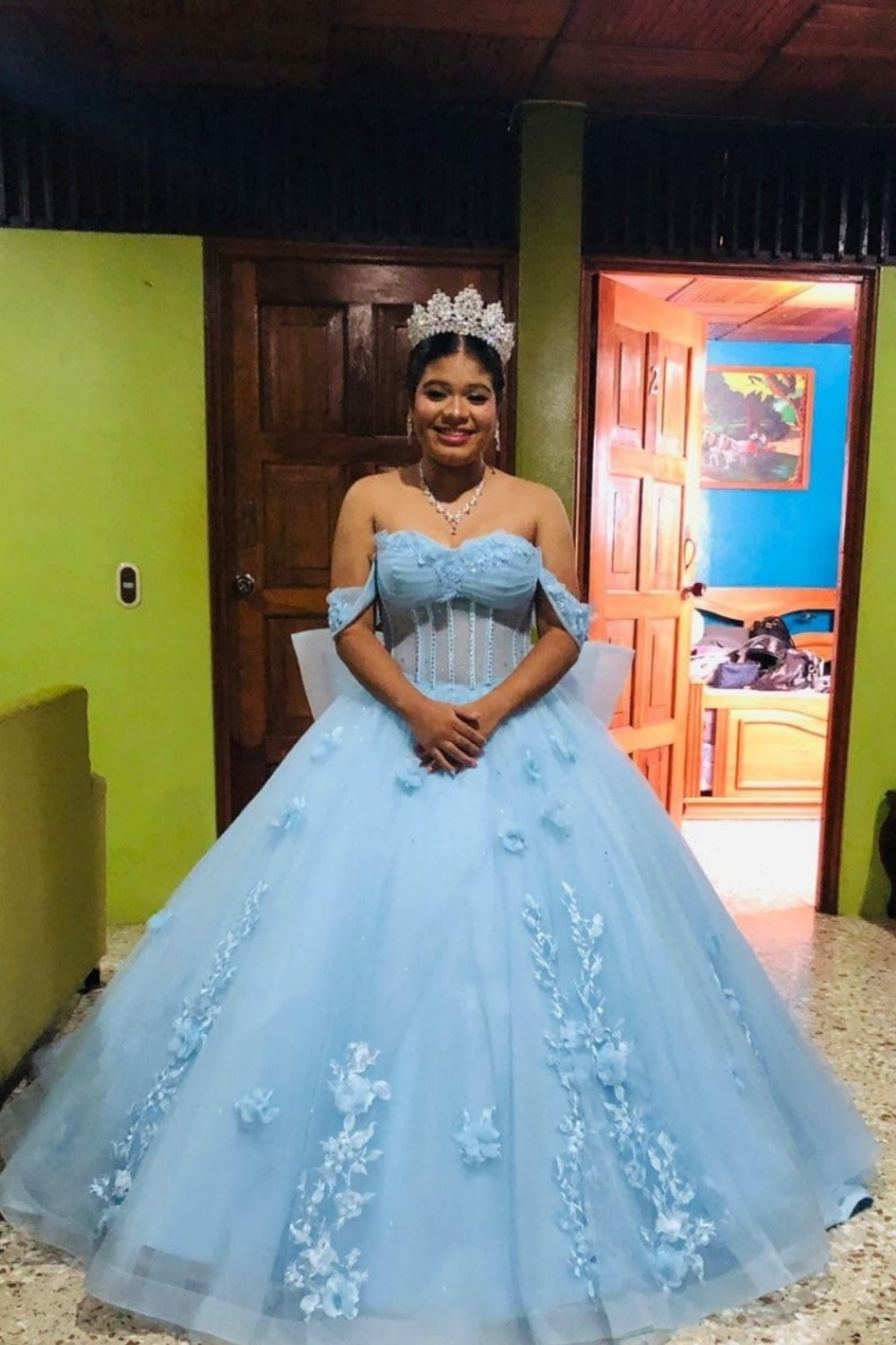 Hellymoon Women Sparkly Blue Princess Long Floral Quinceanera Dress Off the Shoulder Ball Gown Tulle Wedding Ball Gown with Appliques