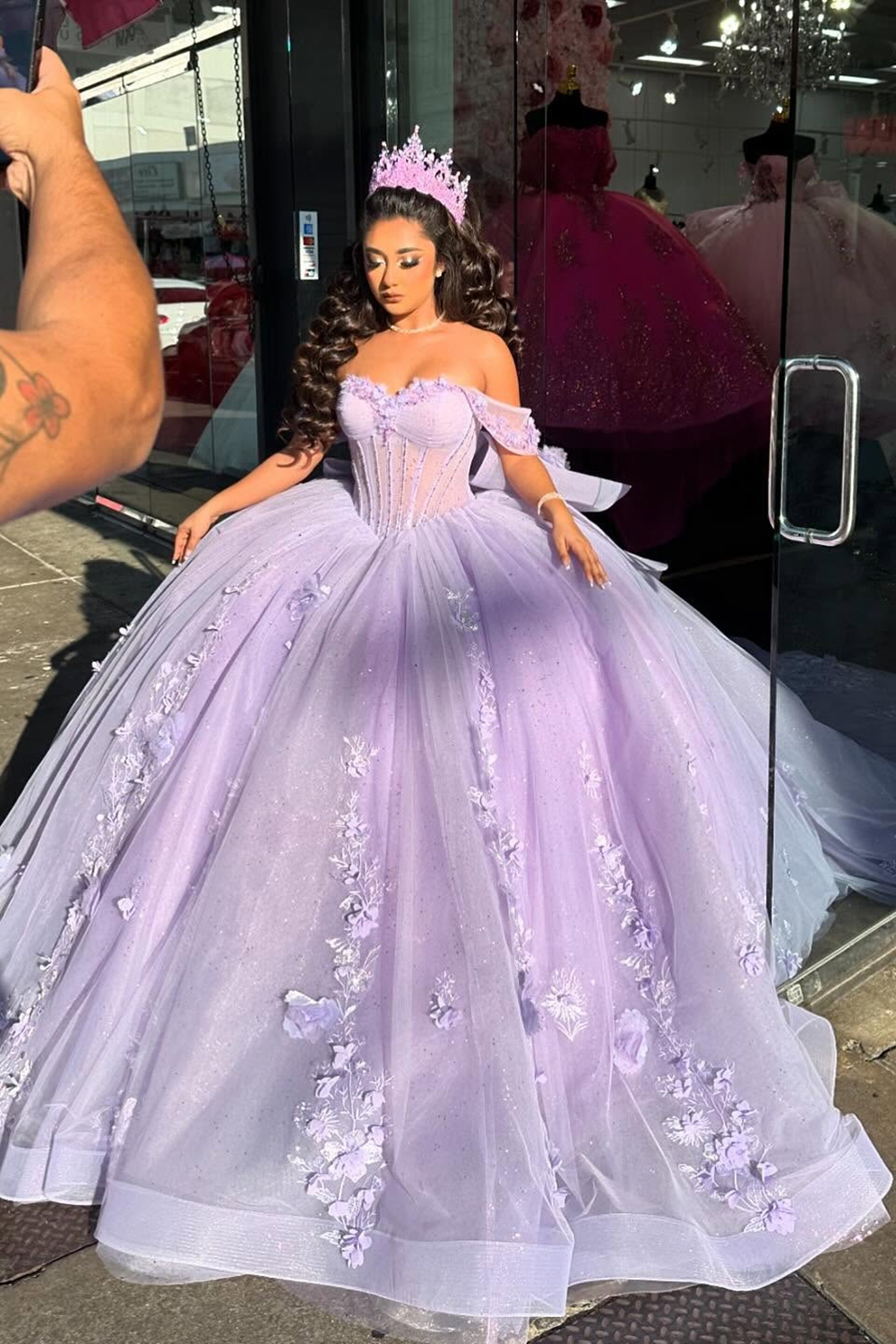 Hellymoon Women Sparkly Lilac Princess Long Floral Quinceanera Dress Off the Shoulder Ball Gown Tulle Sweet 15 Dress with Appliques