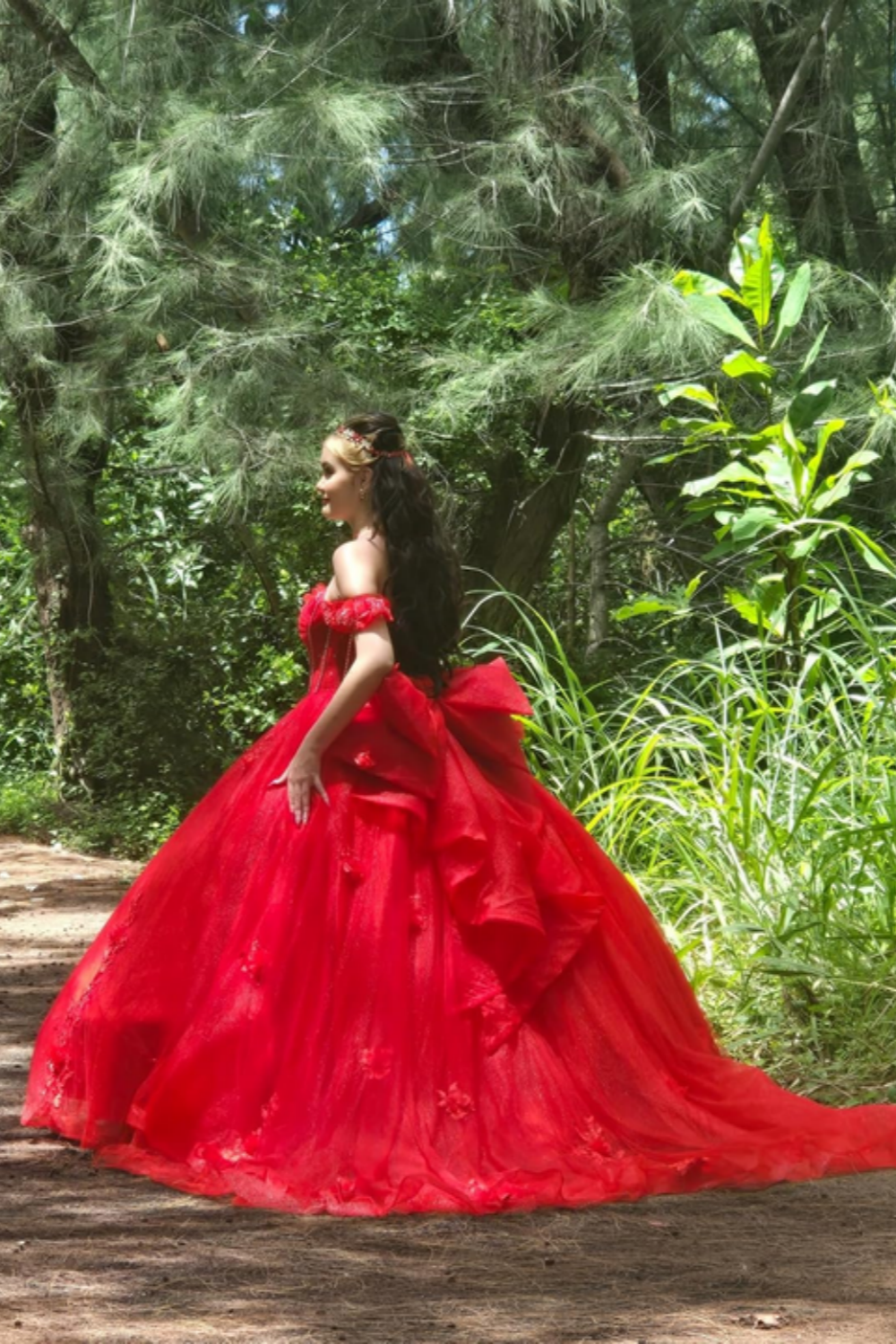 Hellymoon Women Sparkly Red Princess Long Floral Quinceanera Dress Off the Shoulder Ball Gown Tulle Wedding Ball Gown with Appliques