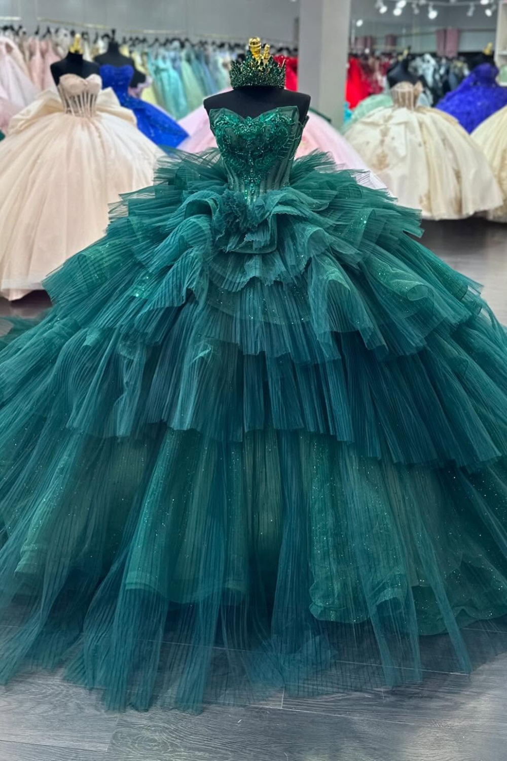 Sparkly Dark Green Sweetheart Beaded Pleated Tiered Pincess Tulle Quinceanera Dress