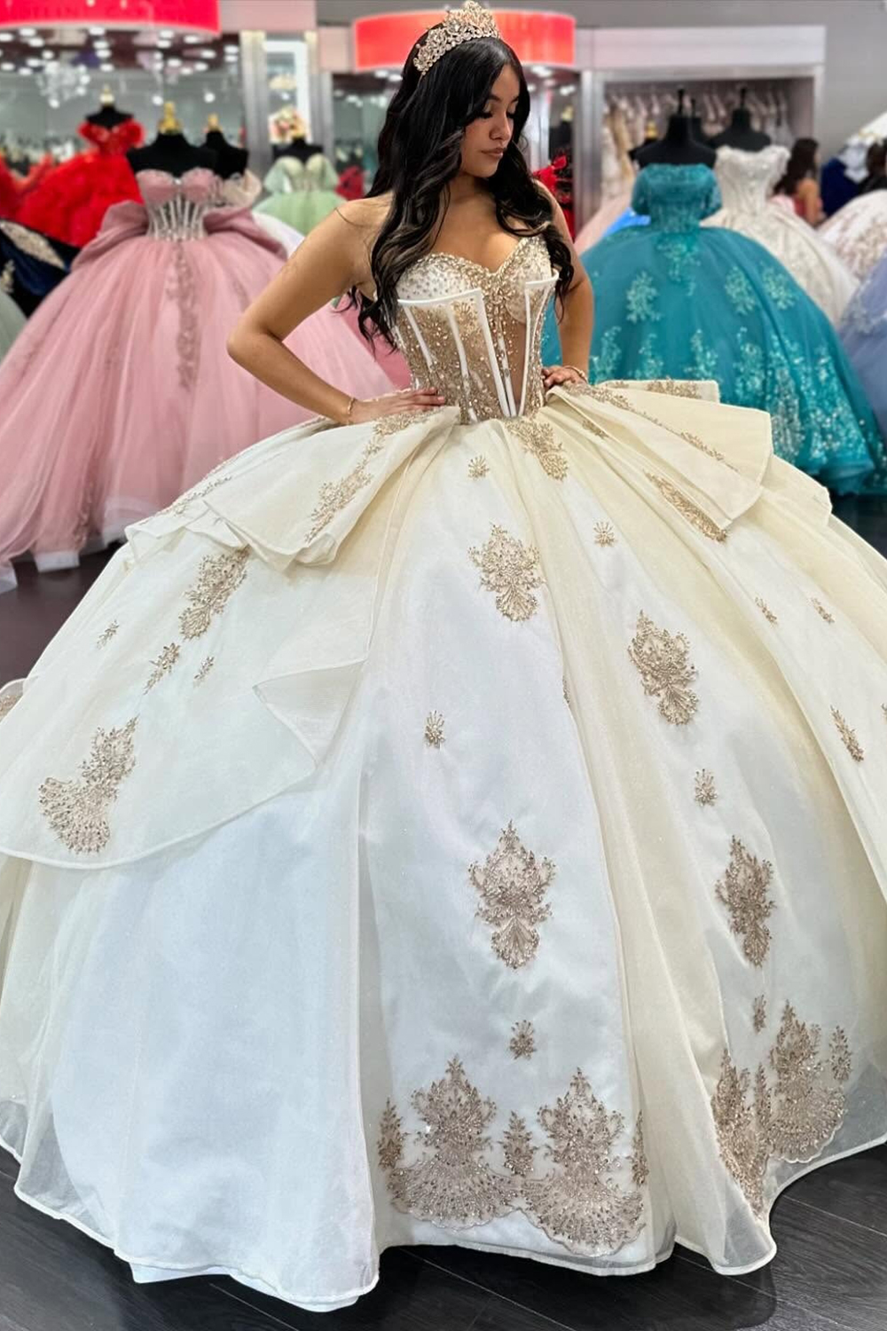 Apricot Sweetheart Beaded Ball Gown Tulle Quinceanera Dress