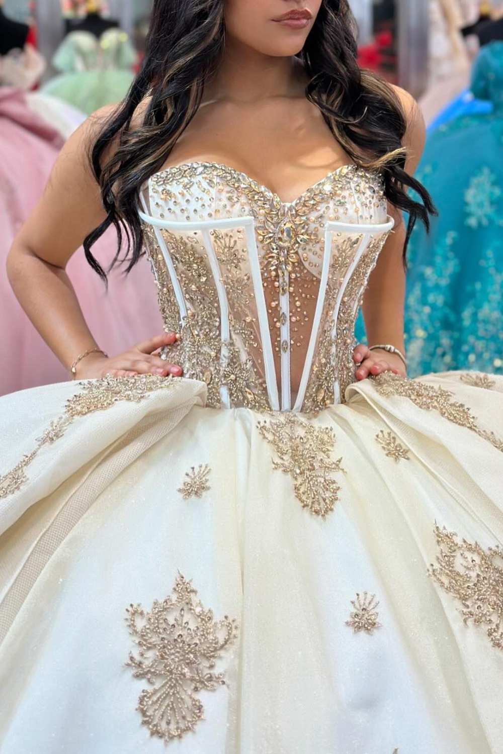 Apricot Sweetheart Beaded Ball Gown Tulle Quinceanera Dress