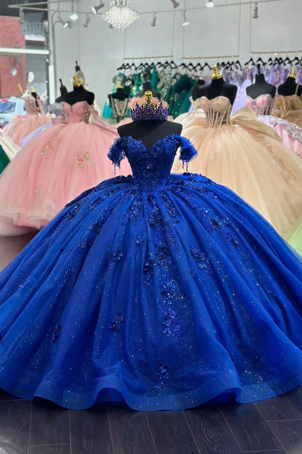 Sparkly Royal Blue Off the Shoulder Sequin Ball Gown Tulle Quinceanera Dress