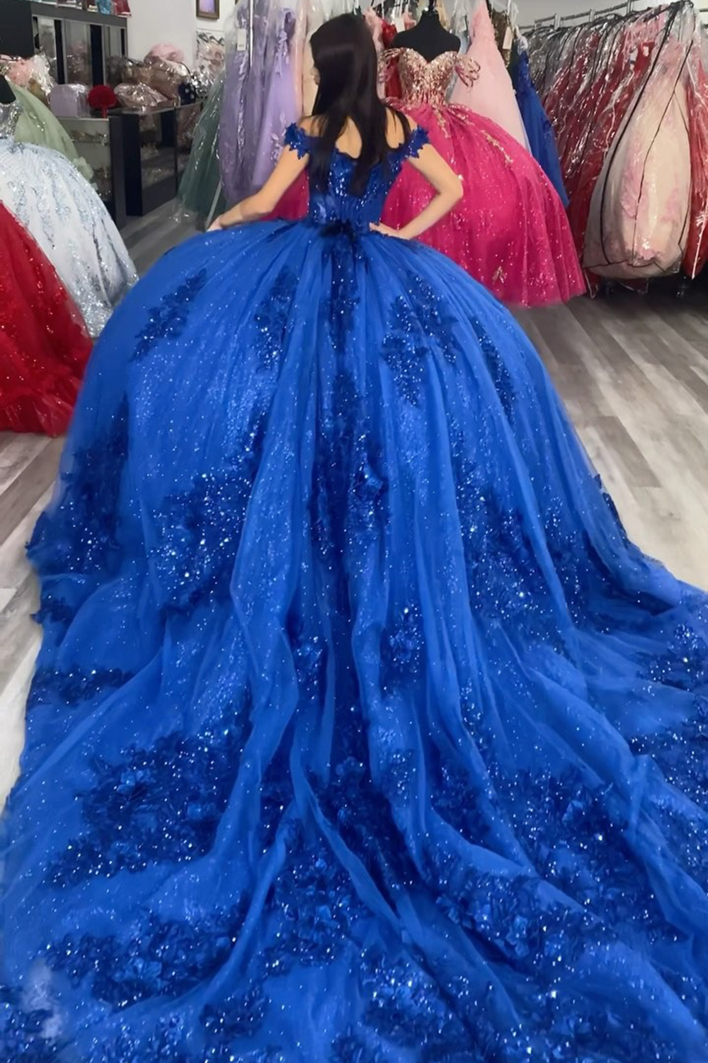 Sparkly Royal Blue Off the Shoulder Sequin Ball Gown Tulle Quinceanera Dress