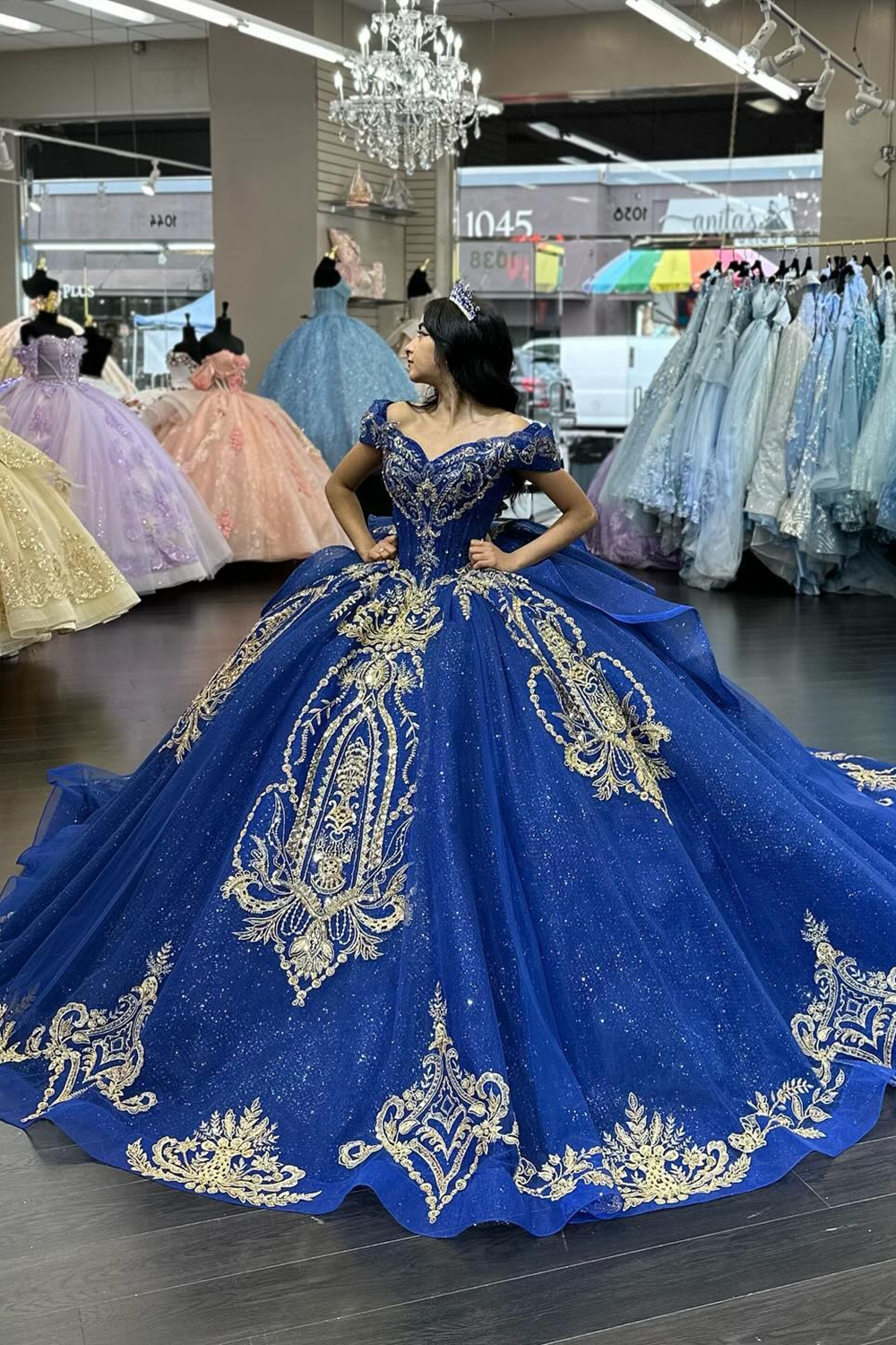 Sparkly Royal Blue Off the Shoulder Sequin Princess Tulle Quinceanera Dress with Train