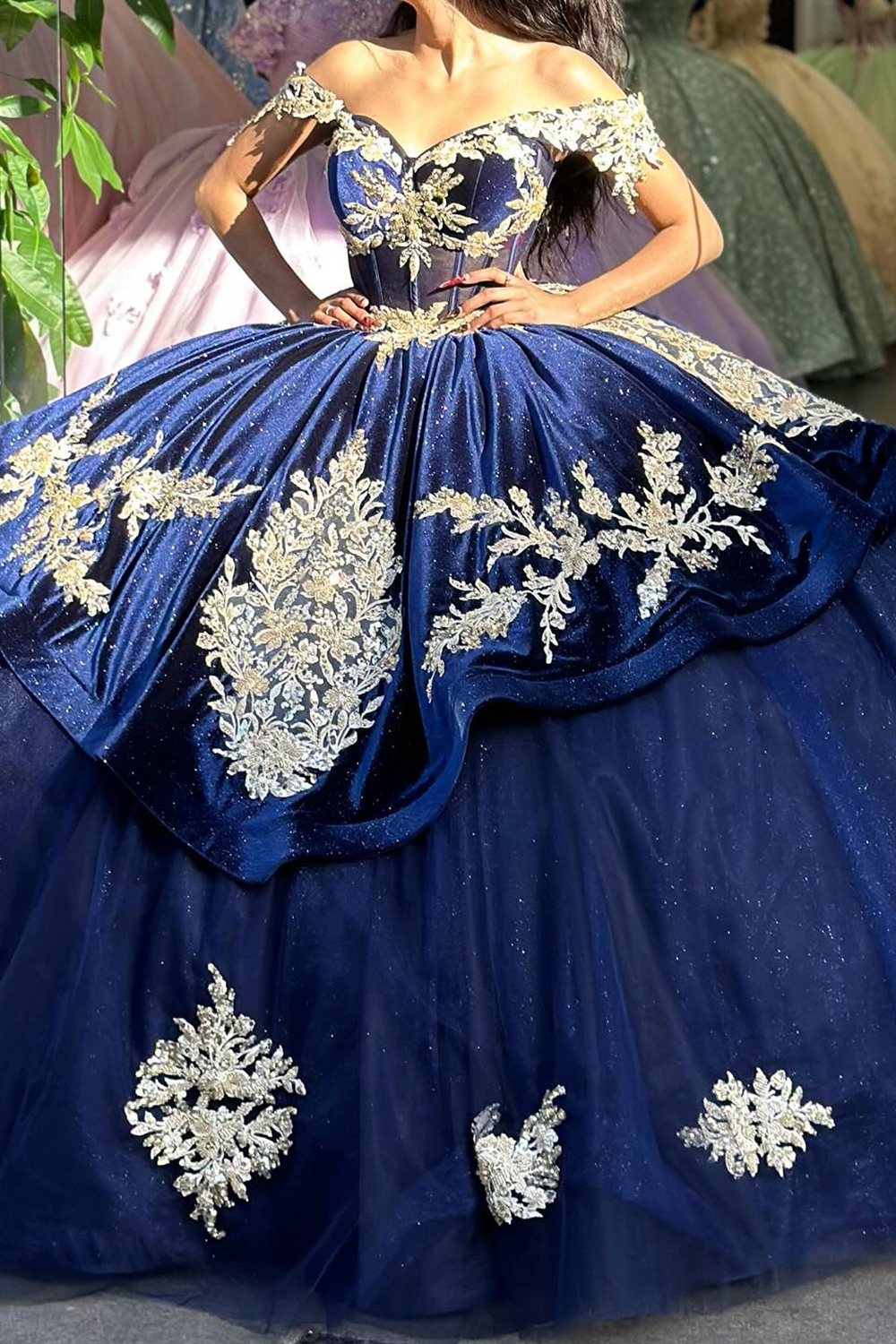 Sparkly Navy Off the Shoulder Applique Beaded Princess Tulle Quinceanera Dress
