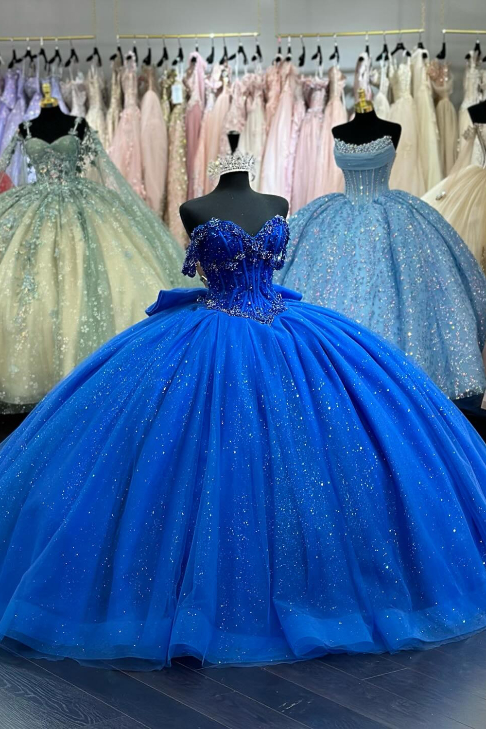 Sparkly Royal Blue Off the Shoulder Beaded Princess Tulle Quinceanera Dress with Bow