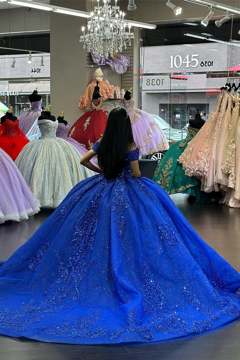 Sparkly Royal Blue Off the Shoulder Ball Gown Tulle Quinceanera Dress