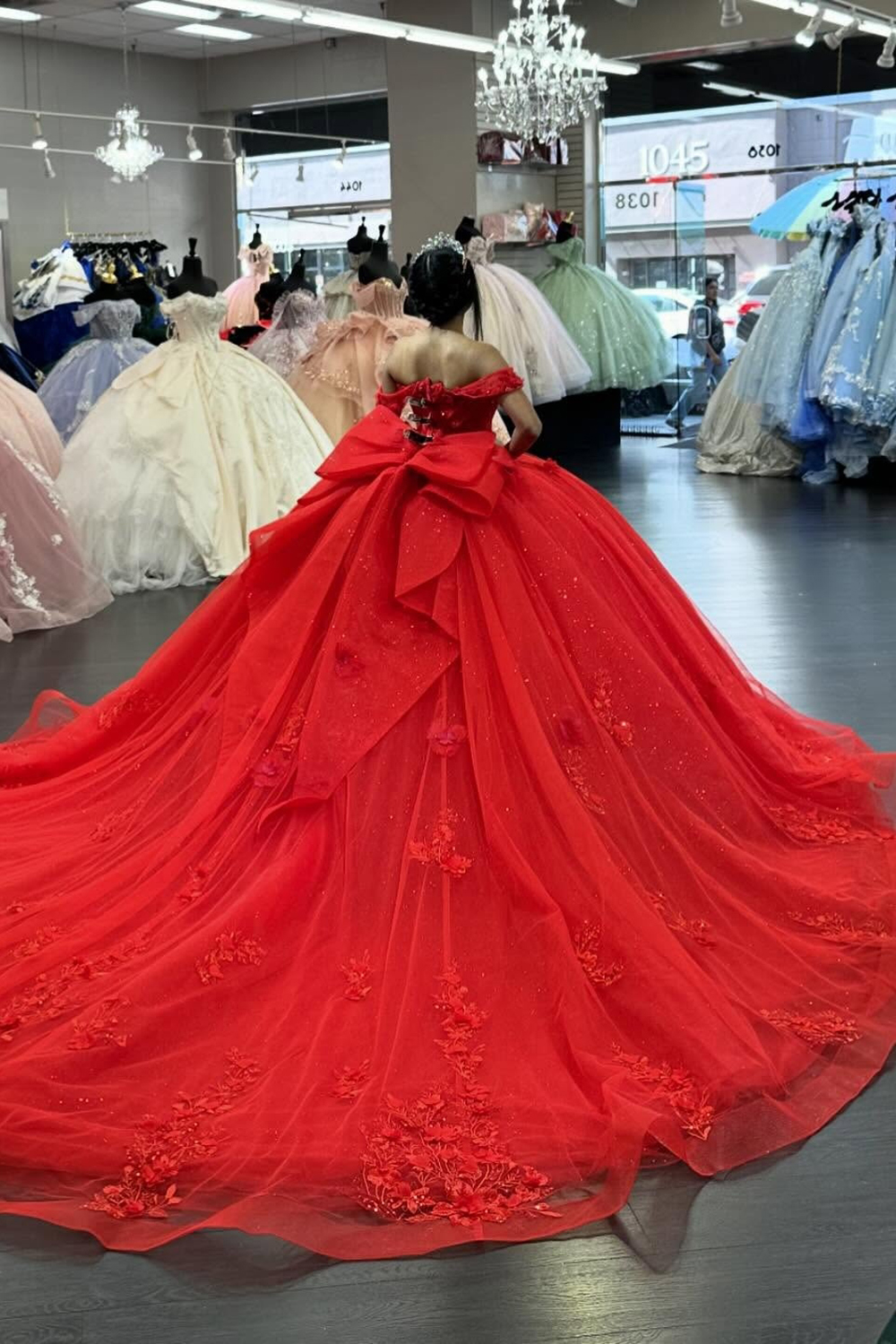 Red Floral Off the Shoulder Bow Princess Tulle Quinceanera Dress with Train