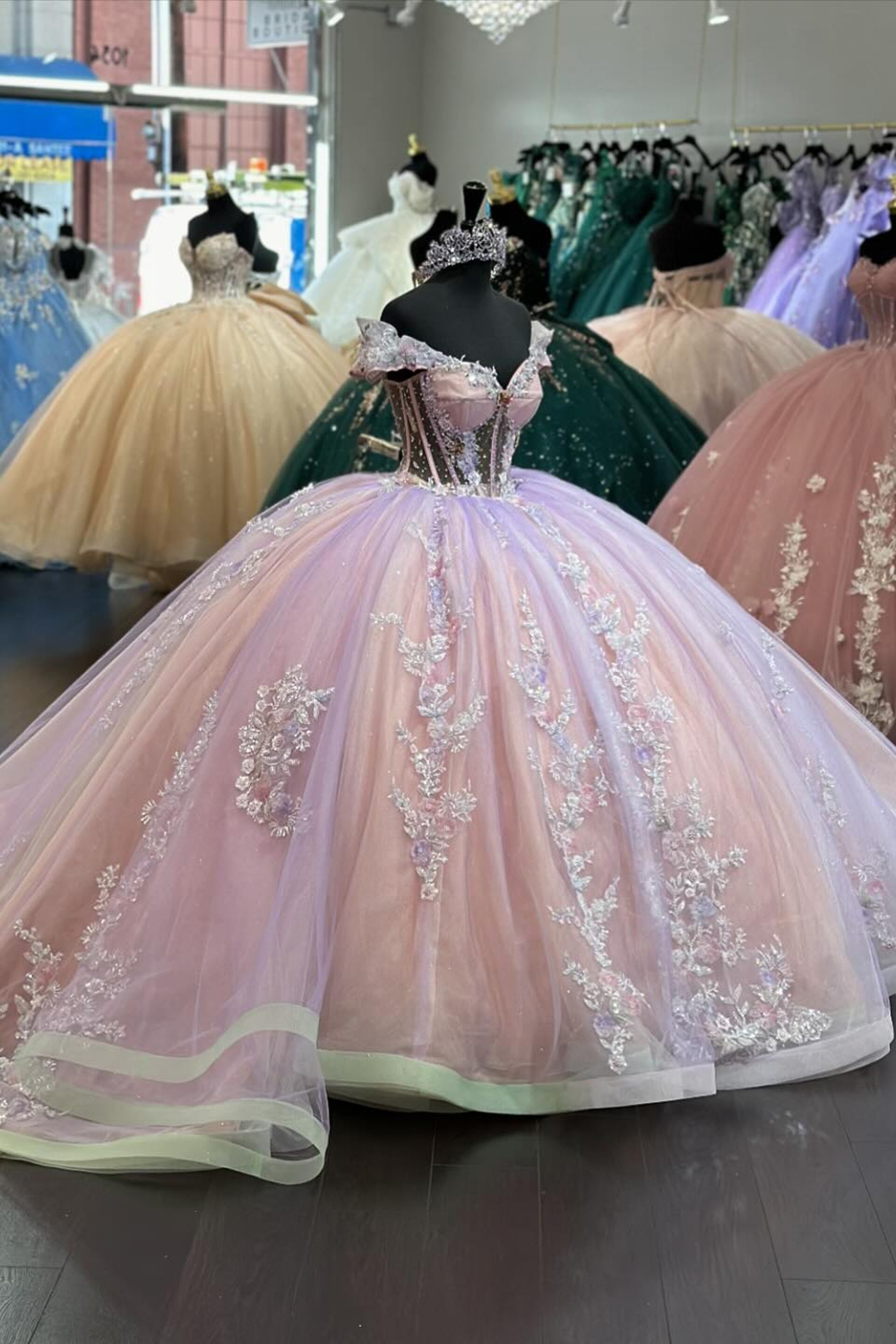 Blush Off the Shoulder Beaded Applique Princess Tulle Quinceanera Dress