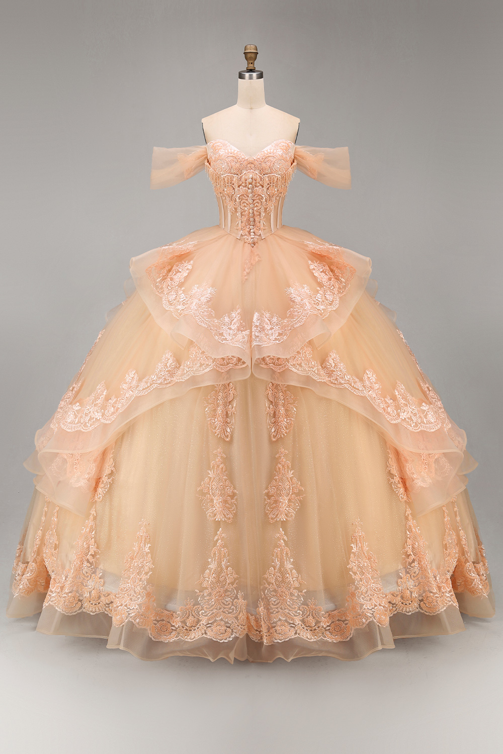 Sparkly Blush Off the Shoulder Appliqued Ball Gown Tulle Quinceanera Dress with Train