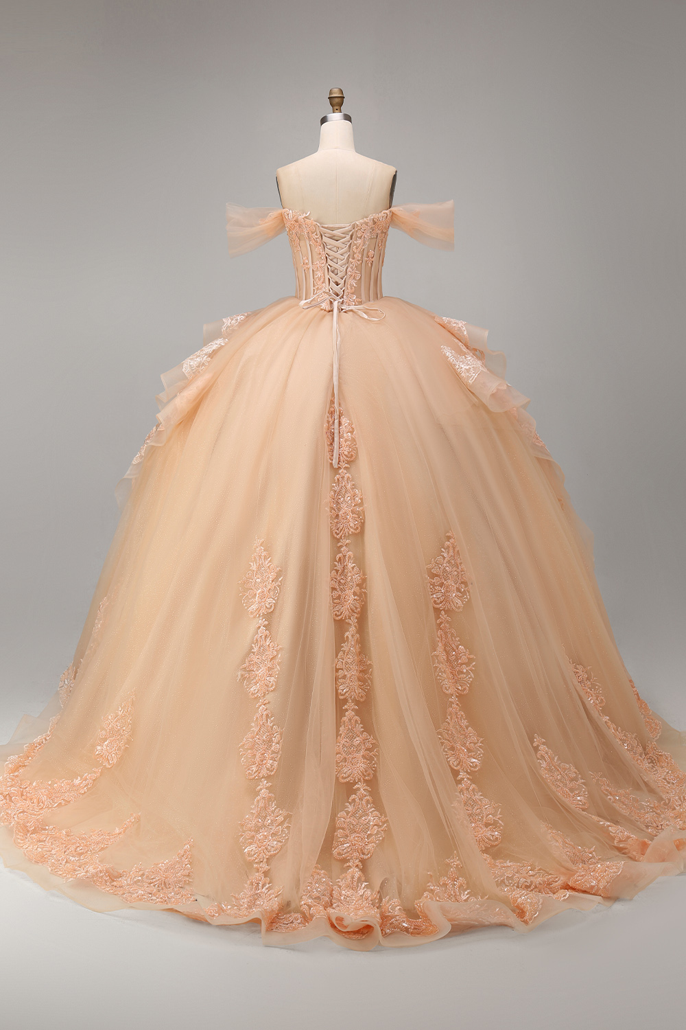 Sparkly Blush Off the Shoulder Appliqued Ball Gown Tulle Quinceanera Dress with Train