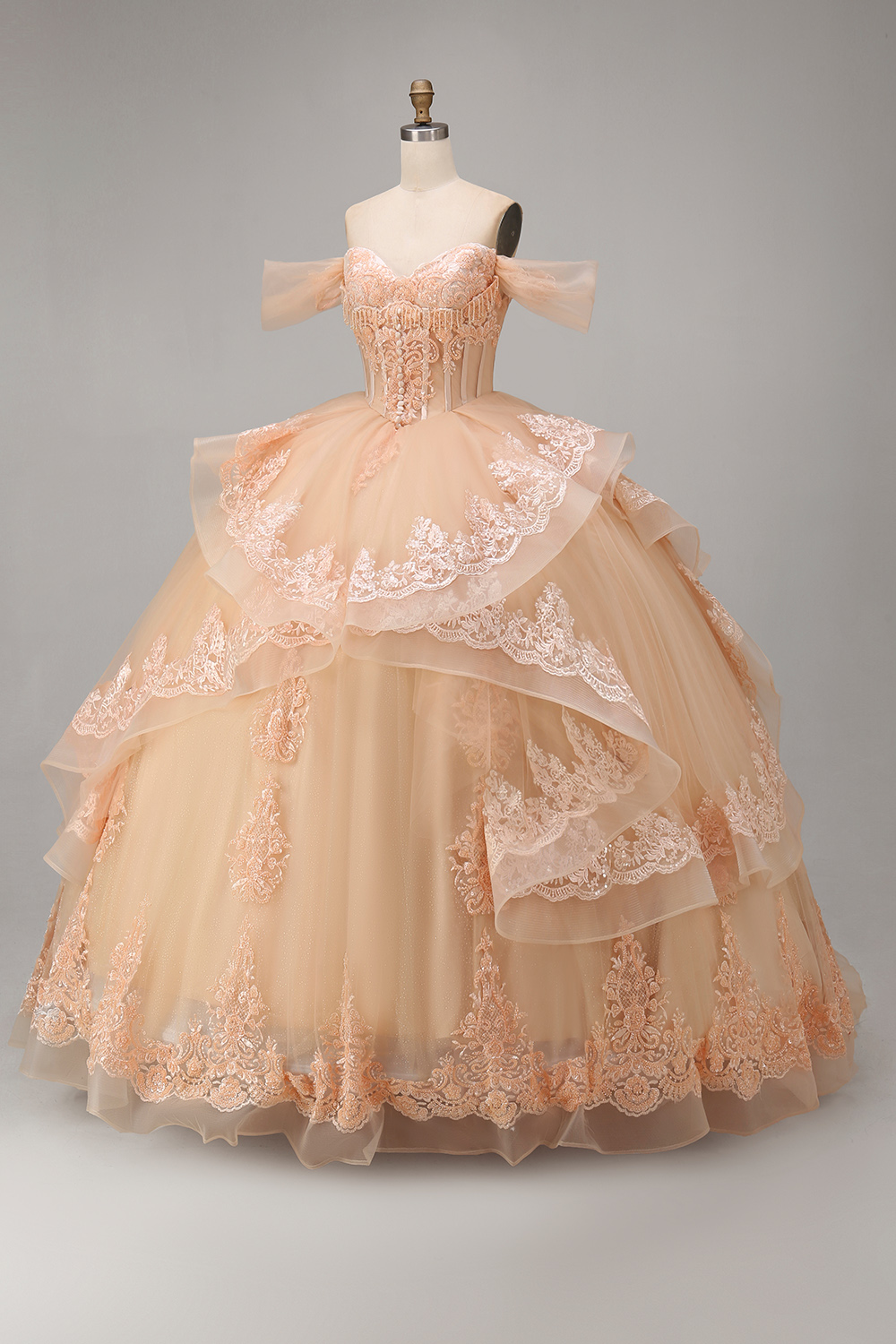 Sparkly Blush Off the Shoulder Appliqued Ball Gown Tulle Quinceanera Dress with Train