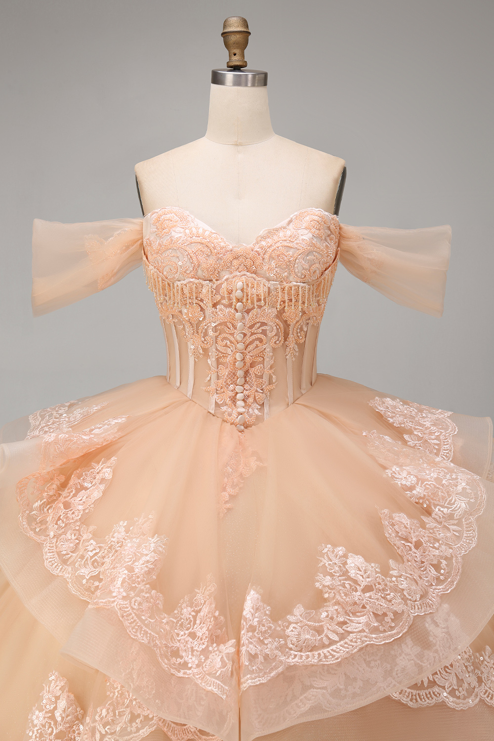 Sparkly Blush Off the Shoulder Appliqued Ball Gown Tulle Quinceanera Dress with Train