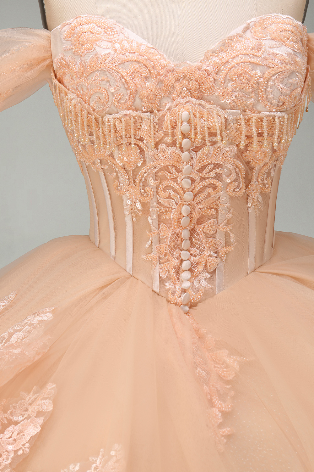 Sparkly Blush Off the Shoulder Appliqued Ball Gown Tulle Quinceanera Dress with Train