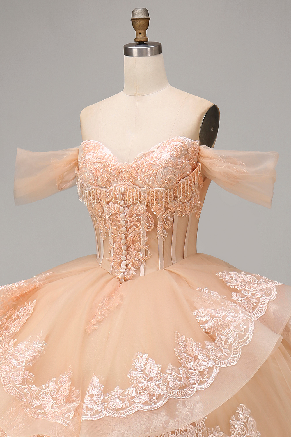 Sparkly Blush Off the Shoulder Appliqued Ball Gown Tulle Quinceanera Dress with Train