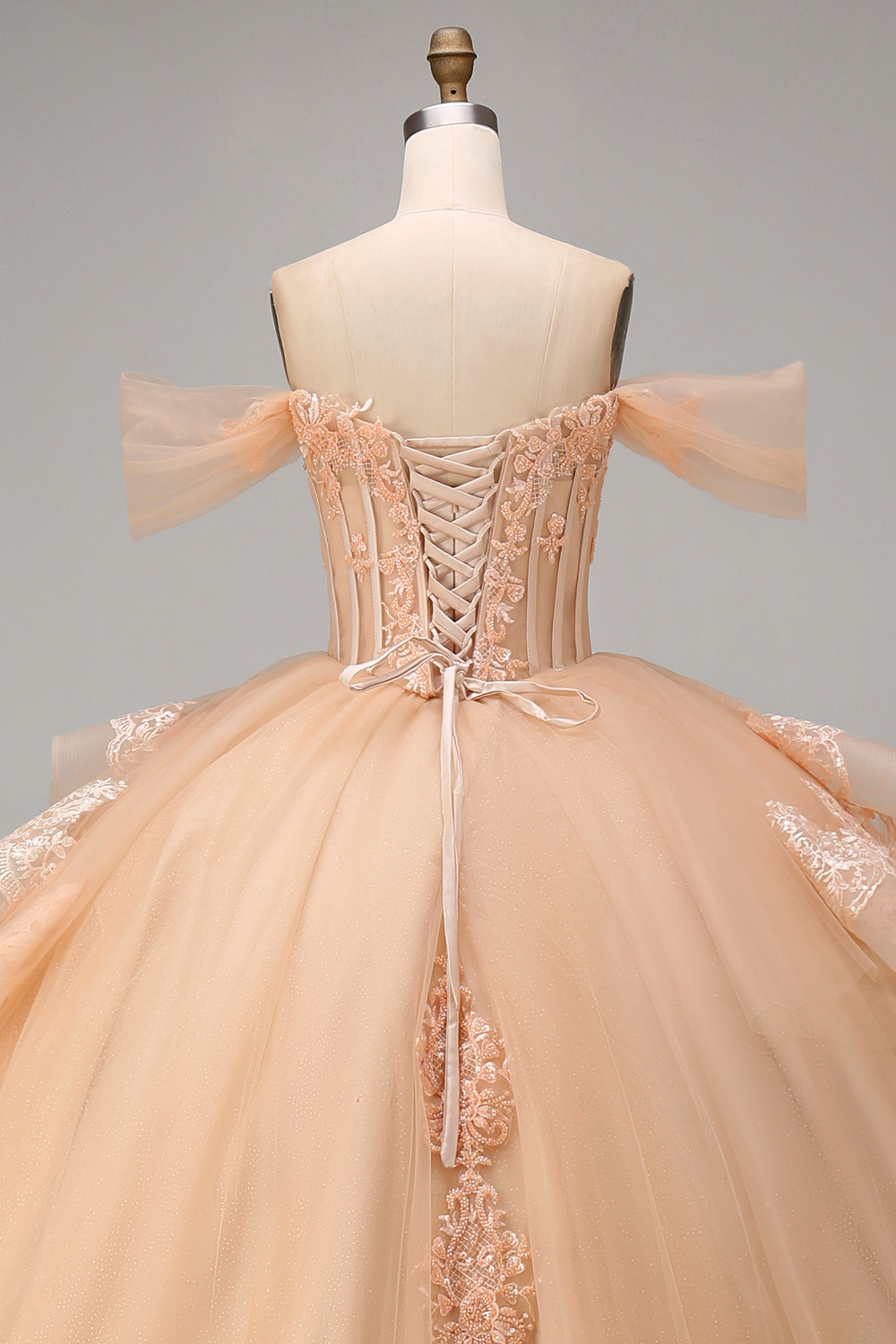 Sparkly Blush Off the Shoulder Appliqued Ball Gown Tulle Quinceanera Dress with Train